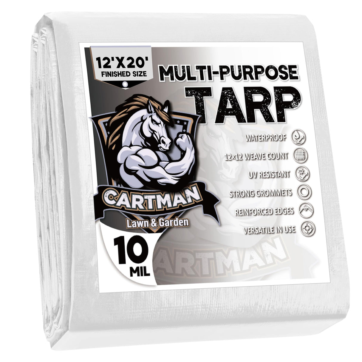 CARTMAN Finished Size 12x20 Feet 10 Mil White Heavy Duty Poly Tarp, Multipurpose Protective Cover, UV Resistant, Waterproof Poly Tarpaulin with CARTMAN