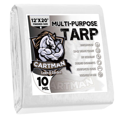 CARTMAN Finished Size 12x20 Feet 10 Mil White Heavy Duty Poly Tarp, Multipurpose Protective Cover, UV Resistant, Waterproof Poly Tarpaulin with