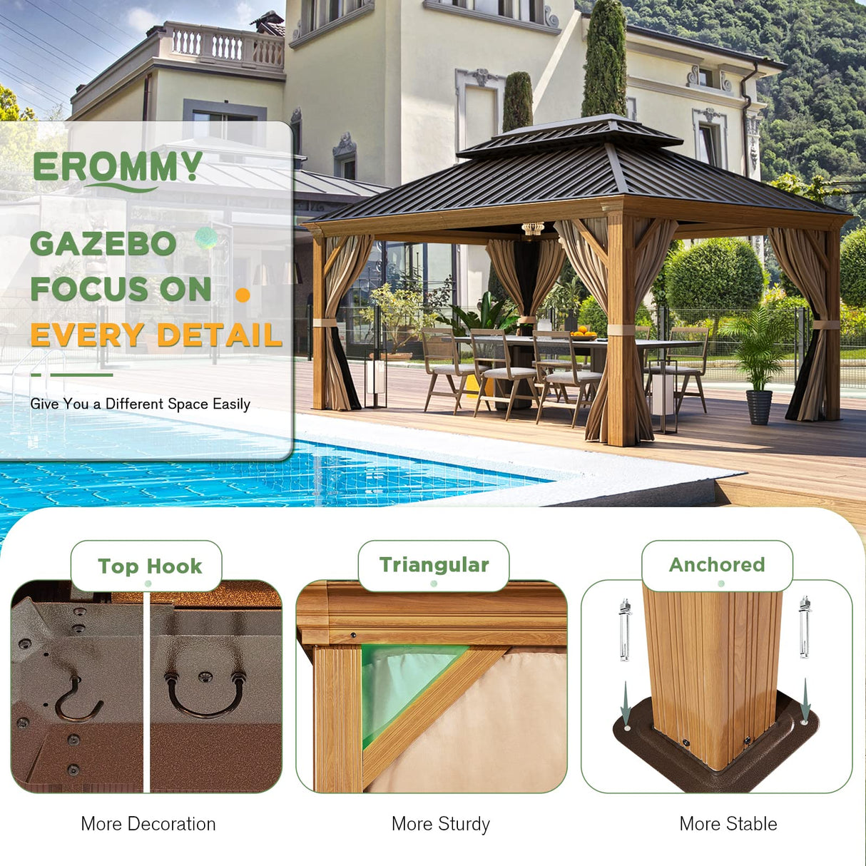 EROMMY 12' x 14' Gazebo, Wooden Finish Coated Aluminum Frame Canopy with Double Galvanized Steel Hardtop Roof, Outdoor Permanent Metal Pavilion with EROMMY