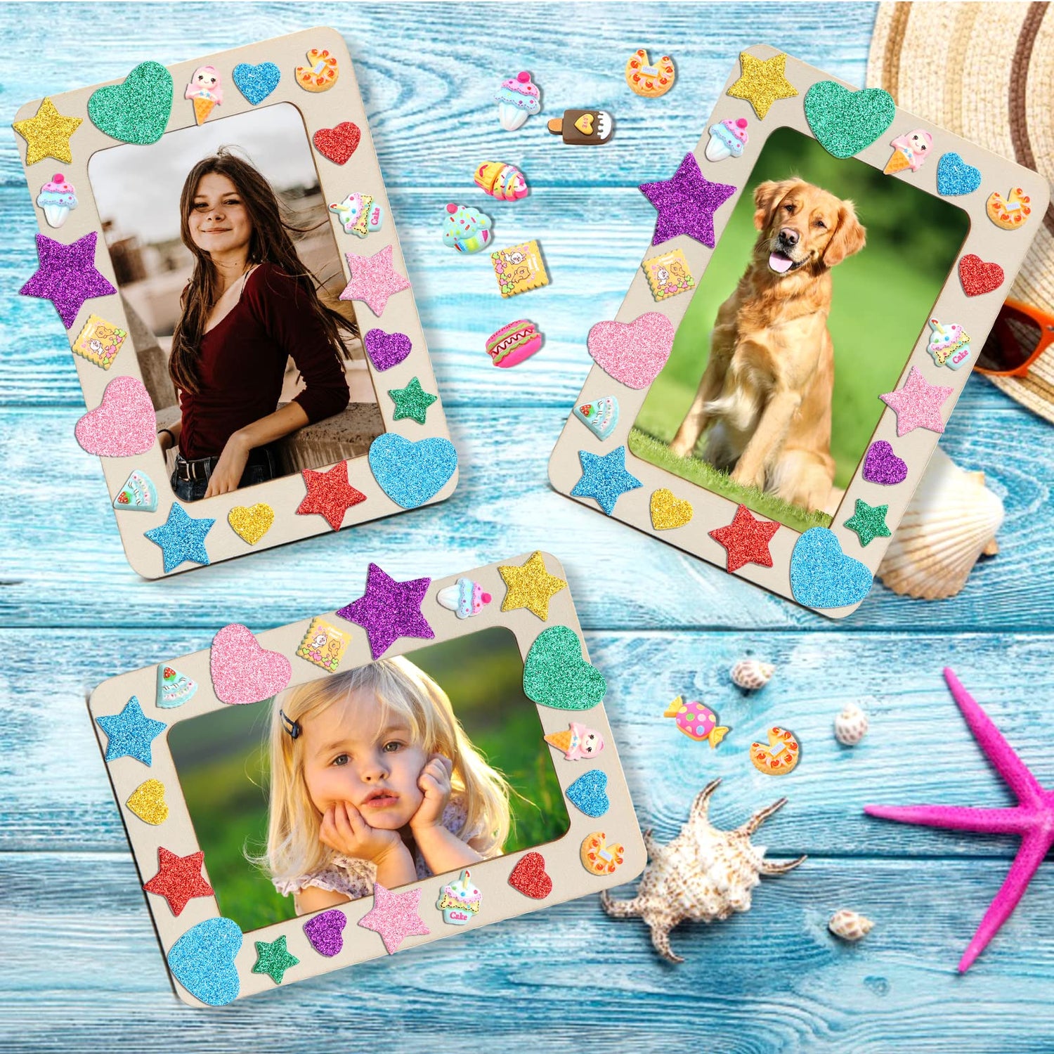 6 Pack Picture Frame Painting Craft Kit, ZYNERY 7.5 x 5.5 inch DIY Unfinished Wooden Photo Frames with Painting Tools Set, Hearts Stars Eva Sticke, ZYNERY