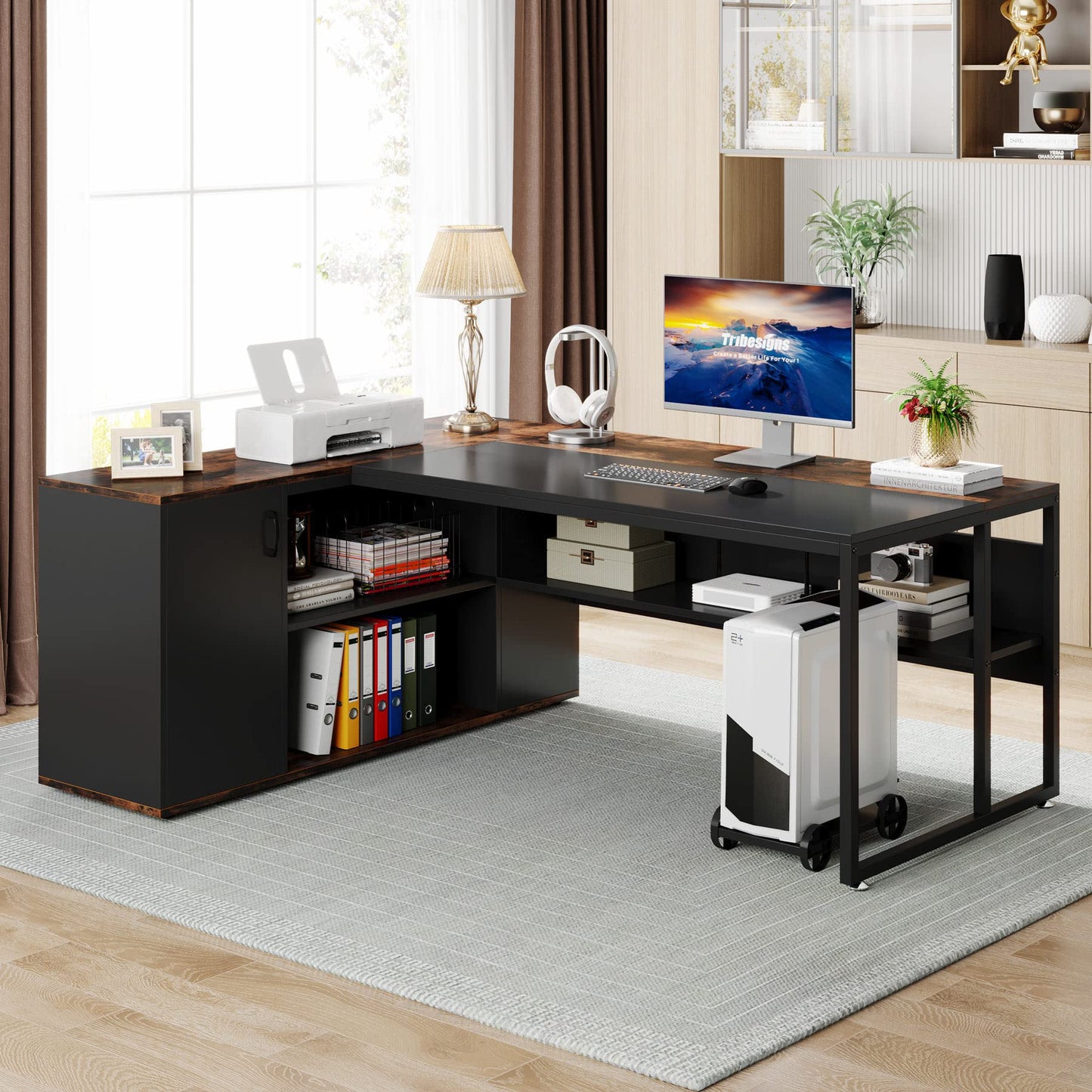 Tribesigns 71 inch Executive Desk, L Shaped Desk with Cabinet Storage, Executive Office Desk with Shelves, Business Furniture Desk Workstation for - WoodArtSupply