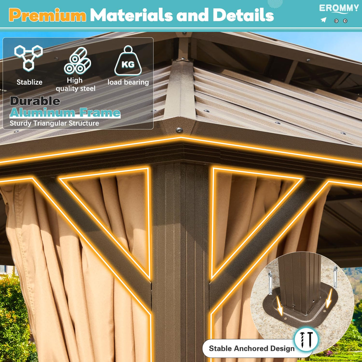 EROMMY 12'x 14' Hardtop Gazebo, Galvanized Steel Double Roof Metal Gazebo with Aluminum Frame, Permanent Outdoor Pavilion with Curtain and Netting EROMMY