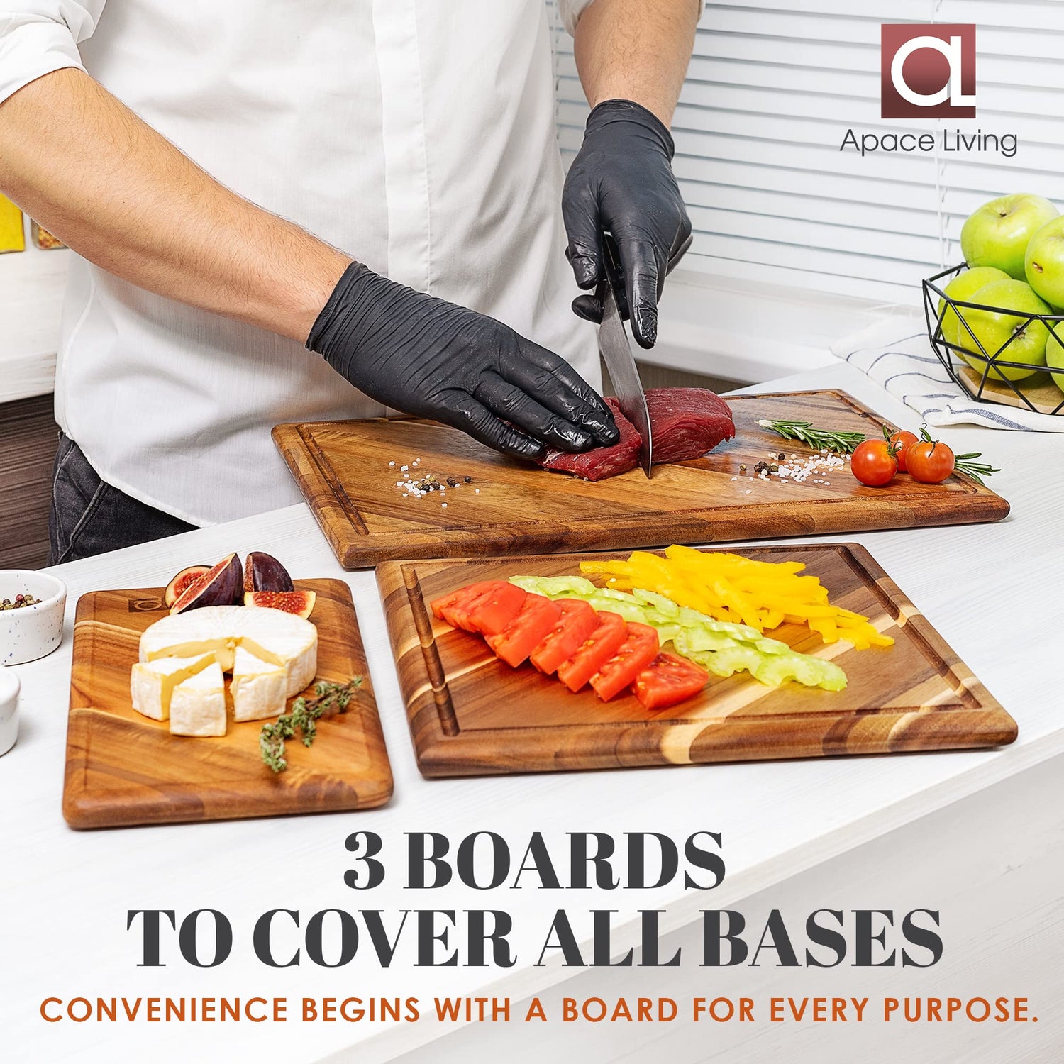 Chorus Wood Cutting Board Set with Juice Groove (3 Pieces) - Acacia Wood Kitchen Cutting Boards, Chopping Board for Meat (Butcher Block), Vegetables, Apace Living