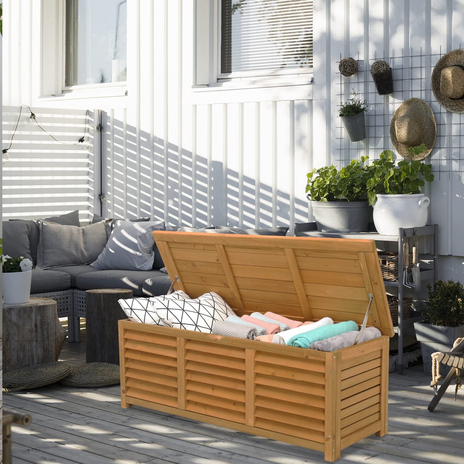 VINGLI 47 Gallon Wood Deck Box, Outdoor Storage Box for Tools, Toys, Patio Storage Bench Container for Backyard, Porch, Garden (Natural) VINGLI