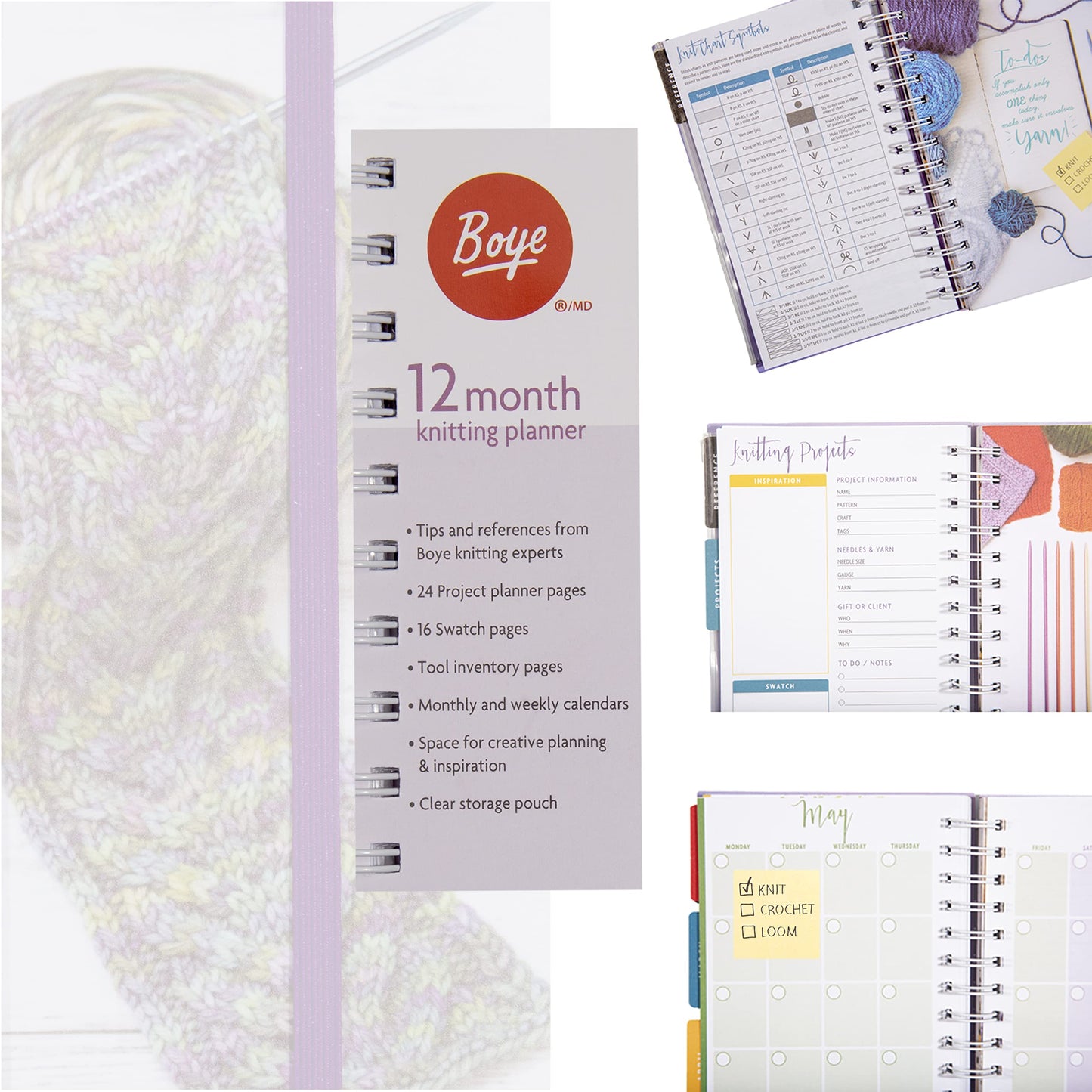 Eselect Boye I Taught Myself to Knit Tutorial Kit, Bundle Includes Bernat Softee Chunky Deep Waters Yarn, 12-Month Planner, Multiple Knitting Needle