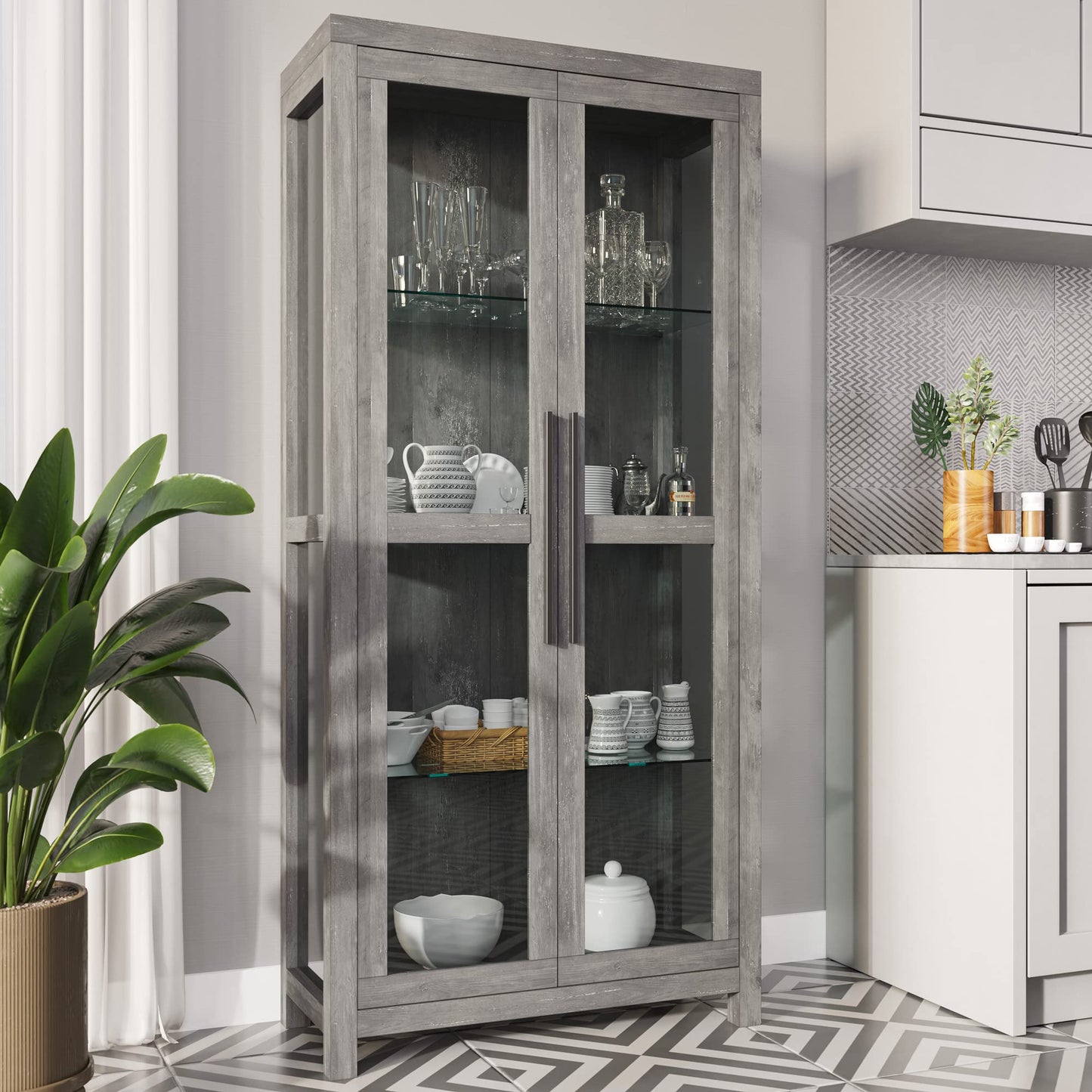 Elegant BELLEZE Gray Wash Storage Cabinet with Glass Doors for Living Room and Bedroom Display - WoodArtSupply