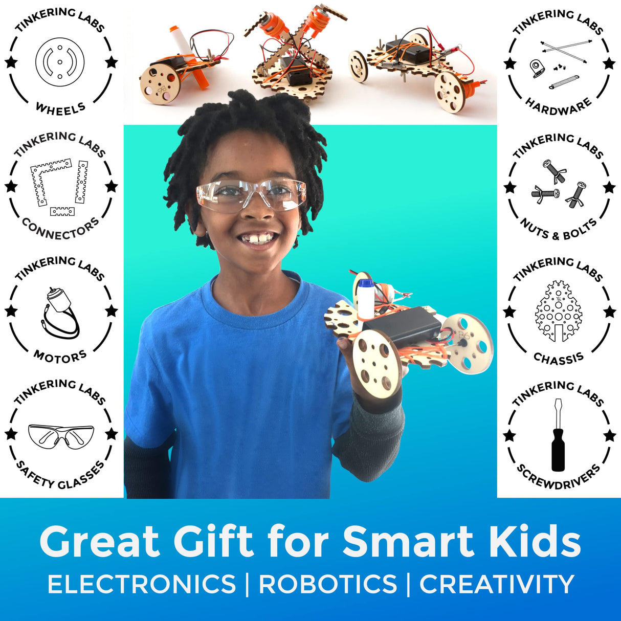 Tinkering Labs Robotics Engineering Kit | Designed by Scientists in USA | 50+ Parts | 10+ STEM Projects For Kids 8-12 | Learn Electronics, Science | Tinkering Labs