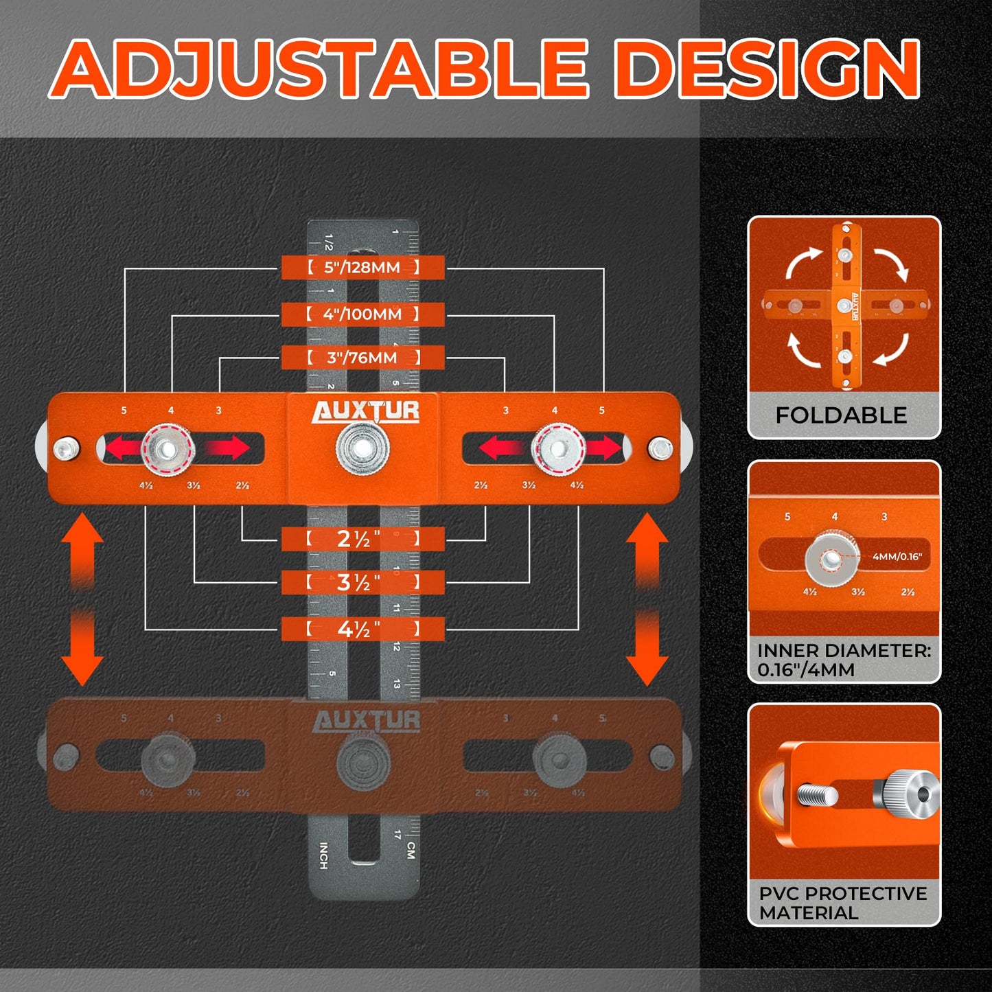 AUXTUR Cabinet Hardware Jig, Adjustable Cabinet Handle Template Tool with Alignment Hole, Punch Locator Drill Guide for Knobs,Handles and Pulls, - WoodArtSupply