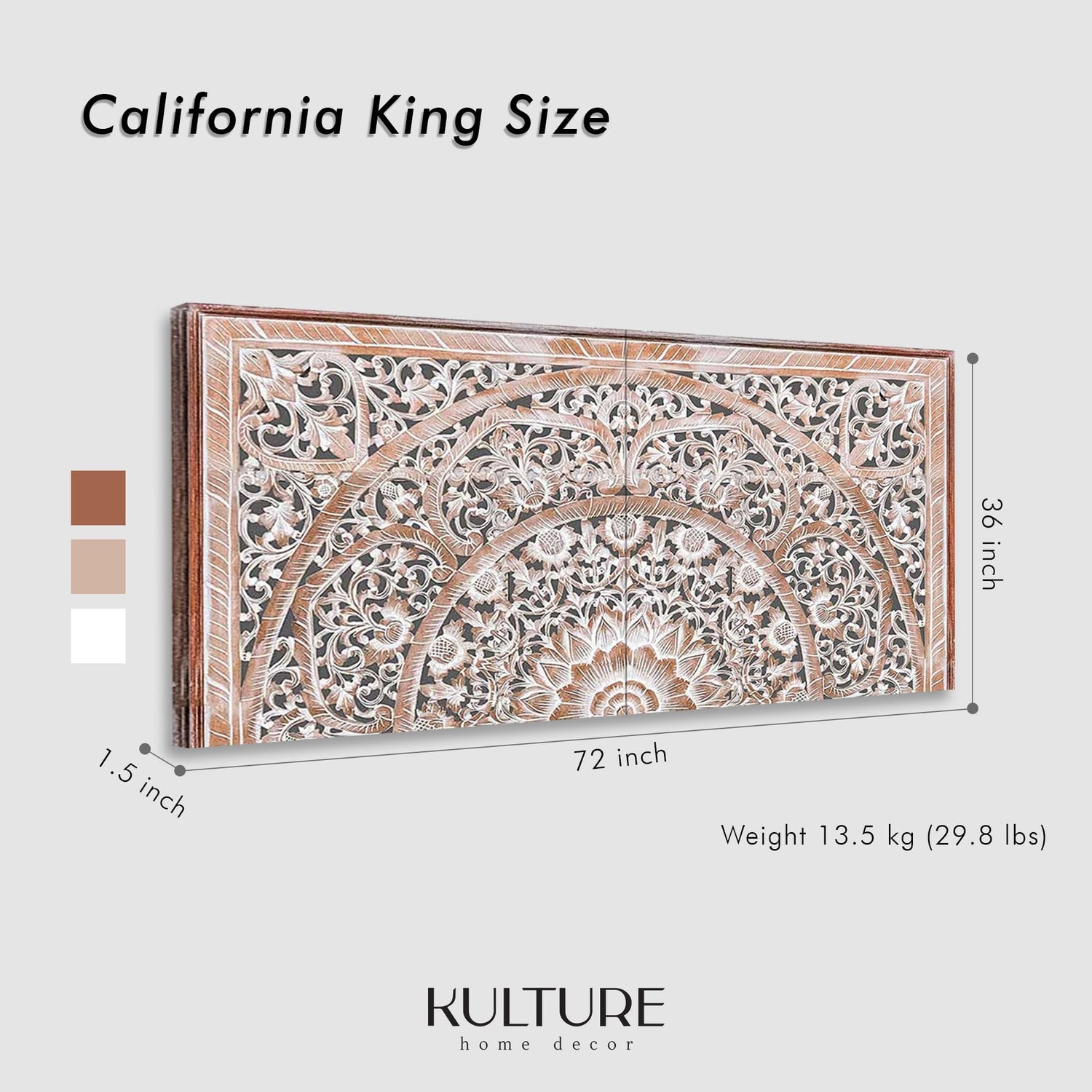 King Wood Headboard White Wash | Carved Full Headboard Only | Wooden Headboard Full Size Bed | Wall Mount Headboard King | Full Bed Headboard Panels KultureDeco
