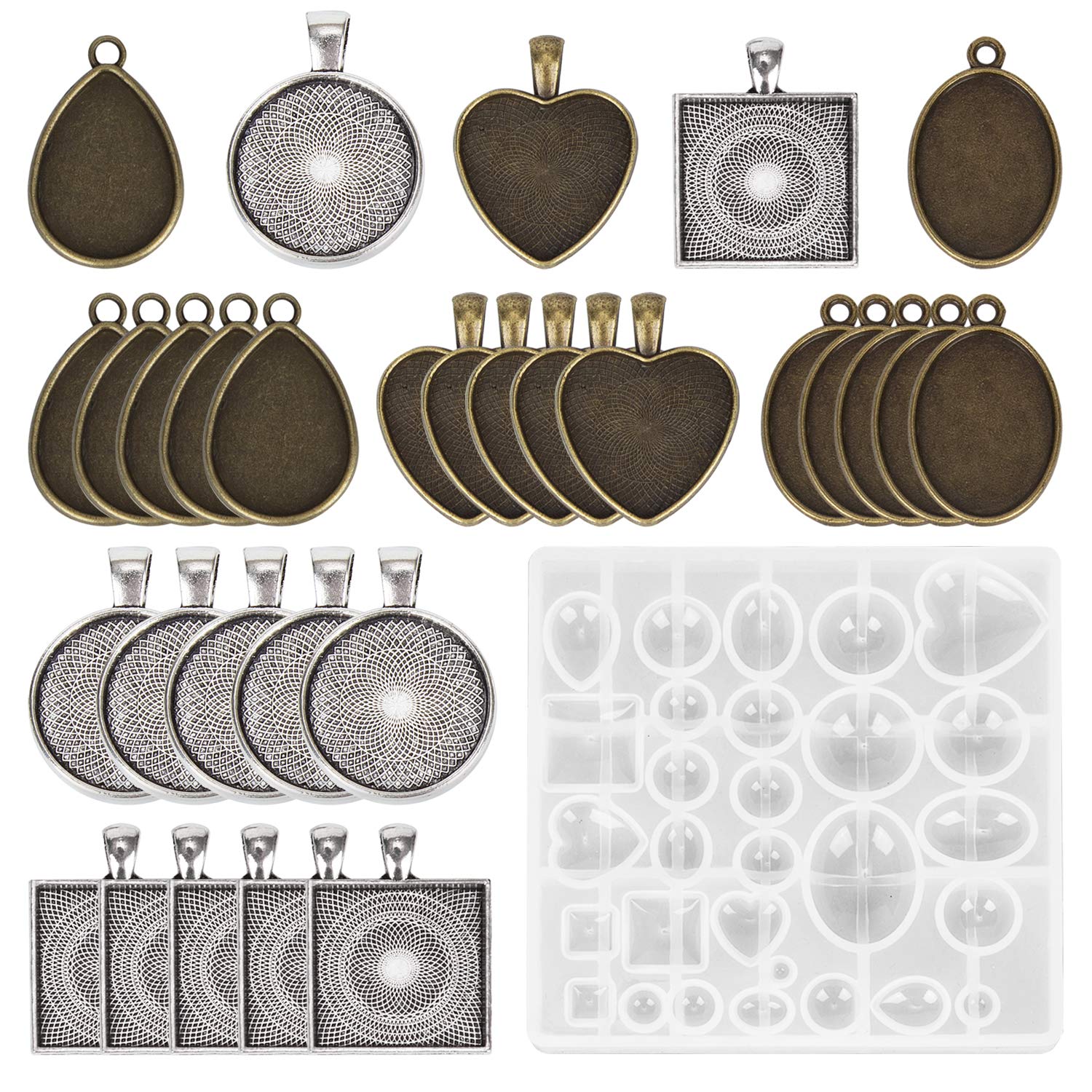 HOMEIDOL Resin Jewelry Molds Pendant Trays Making Kit with 30Pcs 5 Styles Metal Pendant and 1 Pc Silicone Epoxy Jewelry Casting Molds for Pendant HOMEIDOL