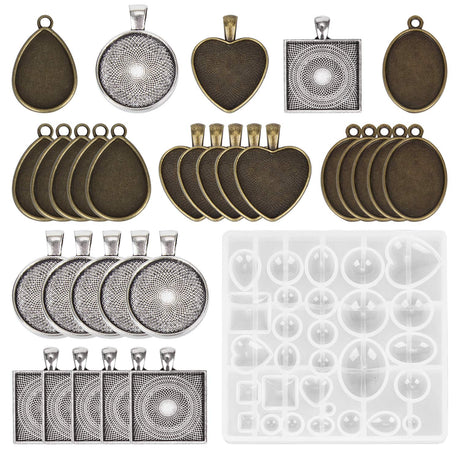 HOMEIDOL Resin Jewelry Molds Pendant Trays Making Kit with 30Pcs 5 Styles Metal Pendant and 1 Pc Silicone Epoxy Jewelry Casting Molds for Pendant HOMEIDOL