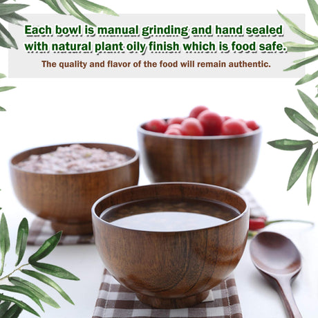 Originalidad Handmade Wood Bowls, Jujube Wooden Japanese Bowls with Matching Spoon for Rice, Soup, Dip, Salad, Tea, Decoration 4 Sets (4 Bowls 4.2 IN Originalidad