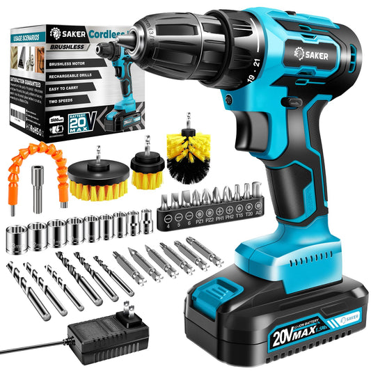 Saker Cordless Drill Set, Brushless 20V Electric Drill with Drill Bits, 3/8-Inch Keyless Chuck, 2 Variable Speeds, 430 In-lbs Torque Battery Power - WoodArtSupply