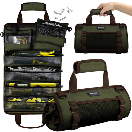 TICONN Tool Roll Bag, Heavy Duty Roll Up Tool Bag Organizer, Portable Visible Tool Storage Bag with 2 Detachable Tool Pouch (Green) TICONN