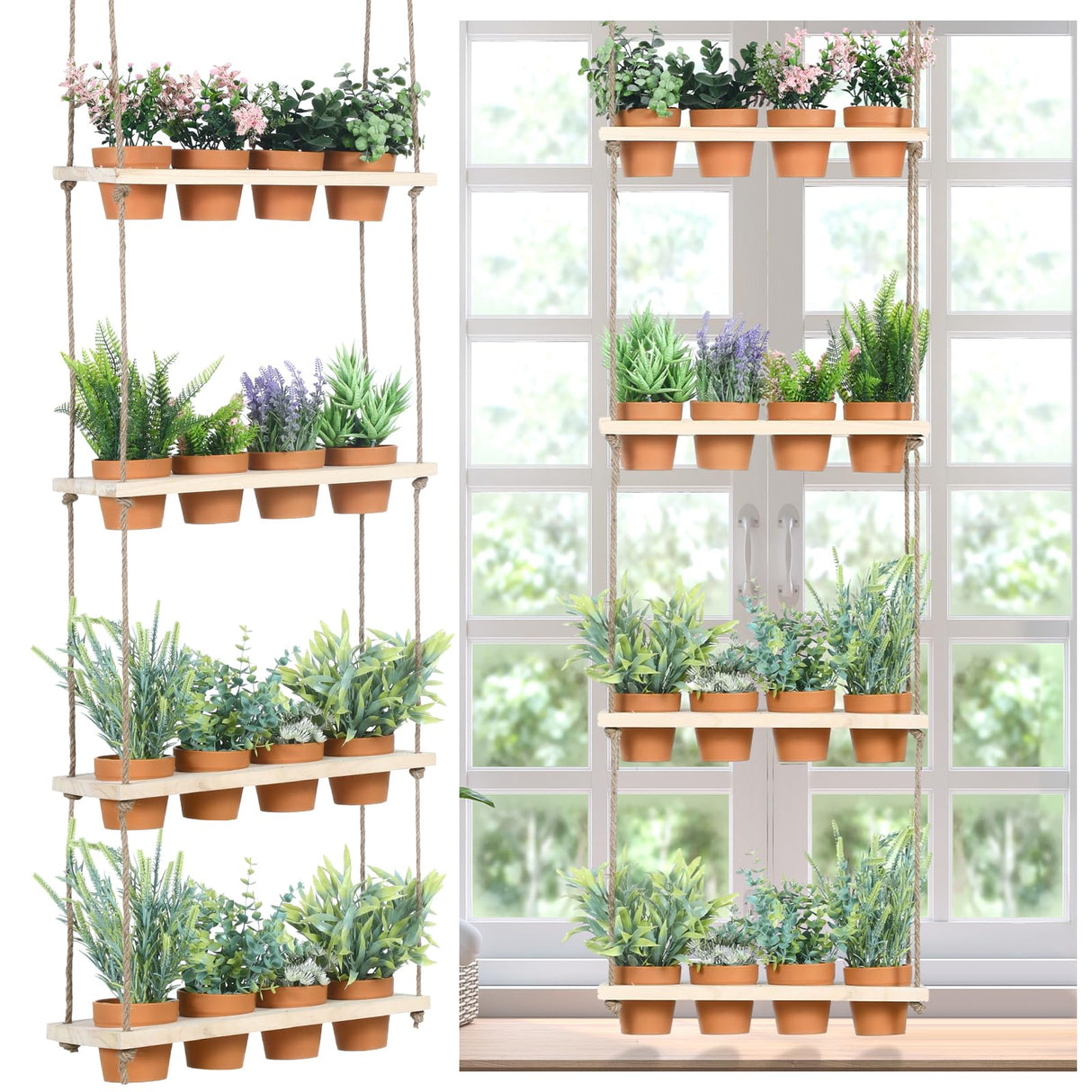 FillTouch 4 Tiered Hanging Herb Garden Wall Hanging Herb Planters with 16 Pcs Nursery Pot Wood Vertical Hanging Window Plant Shelf with Holes and FillTouch