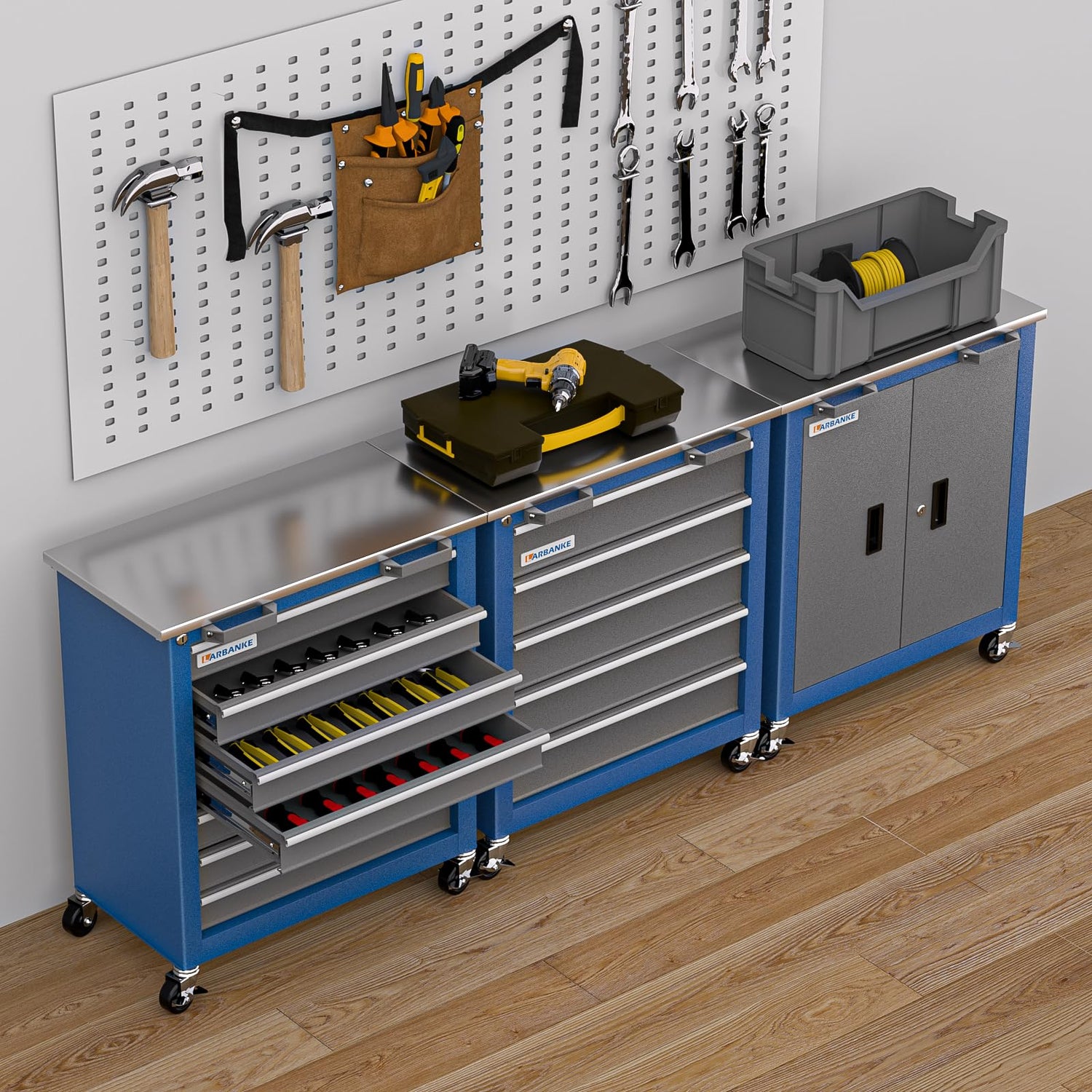 LARBANKE 7-Drawer Rolling Tool Chest with Key Locking System,Tool Chest with 360° Lockable Wheels and Four Padded Feet,can be Formed into a Large LARBANKE