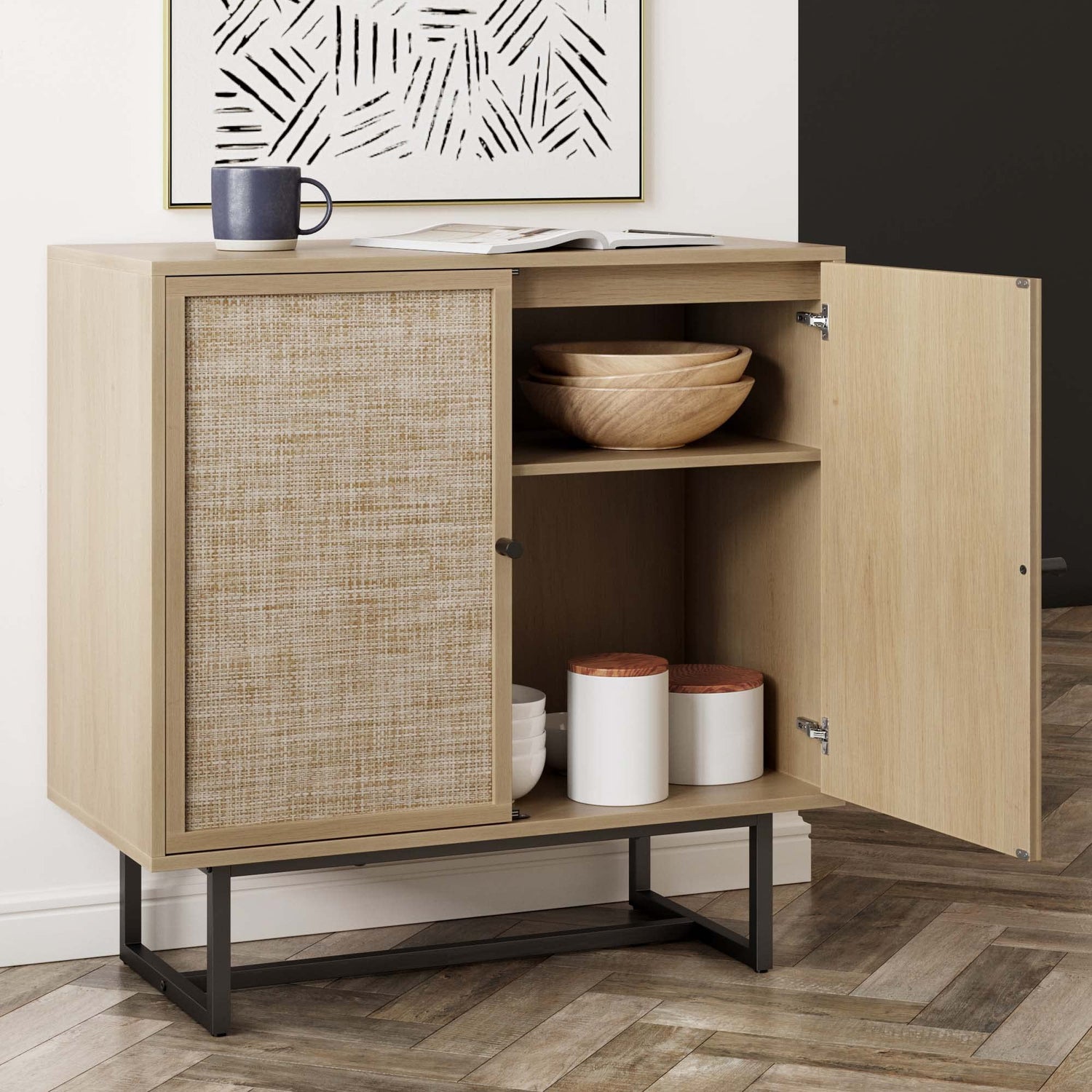 Nathan James Accent Storage Boho Modern Free Standing Buffet Sideboard Cabinet for Hallway, Entryway, Dining Living Room, 1, Light Oak/Black Nathan James