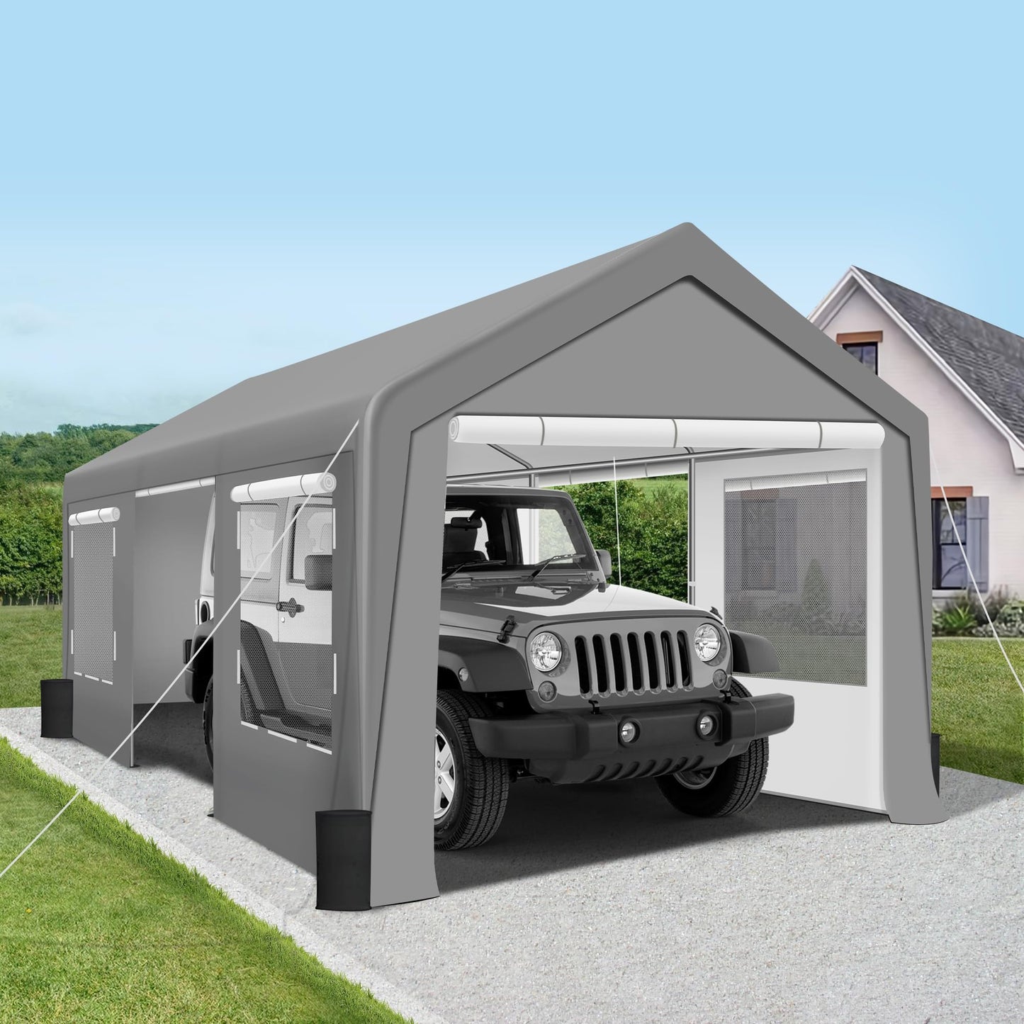 GARTOO Upgrade 10' x 20' Heavy Duty Carport Extra Large Outdoor Shelter with Roll-up Ventilated Windows & Side Doors, Portable Garage for Car Boat - WoodArtSupply