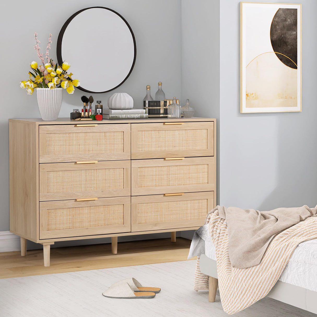 FUQARHY Rattan Dresser for Bedroom, Modern 6 Drawer Double Dresser with Gold Handles, Wood Storage Chest of Drawers for Bedroom,Living Room,Hallway FUQARHY