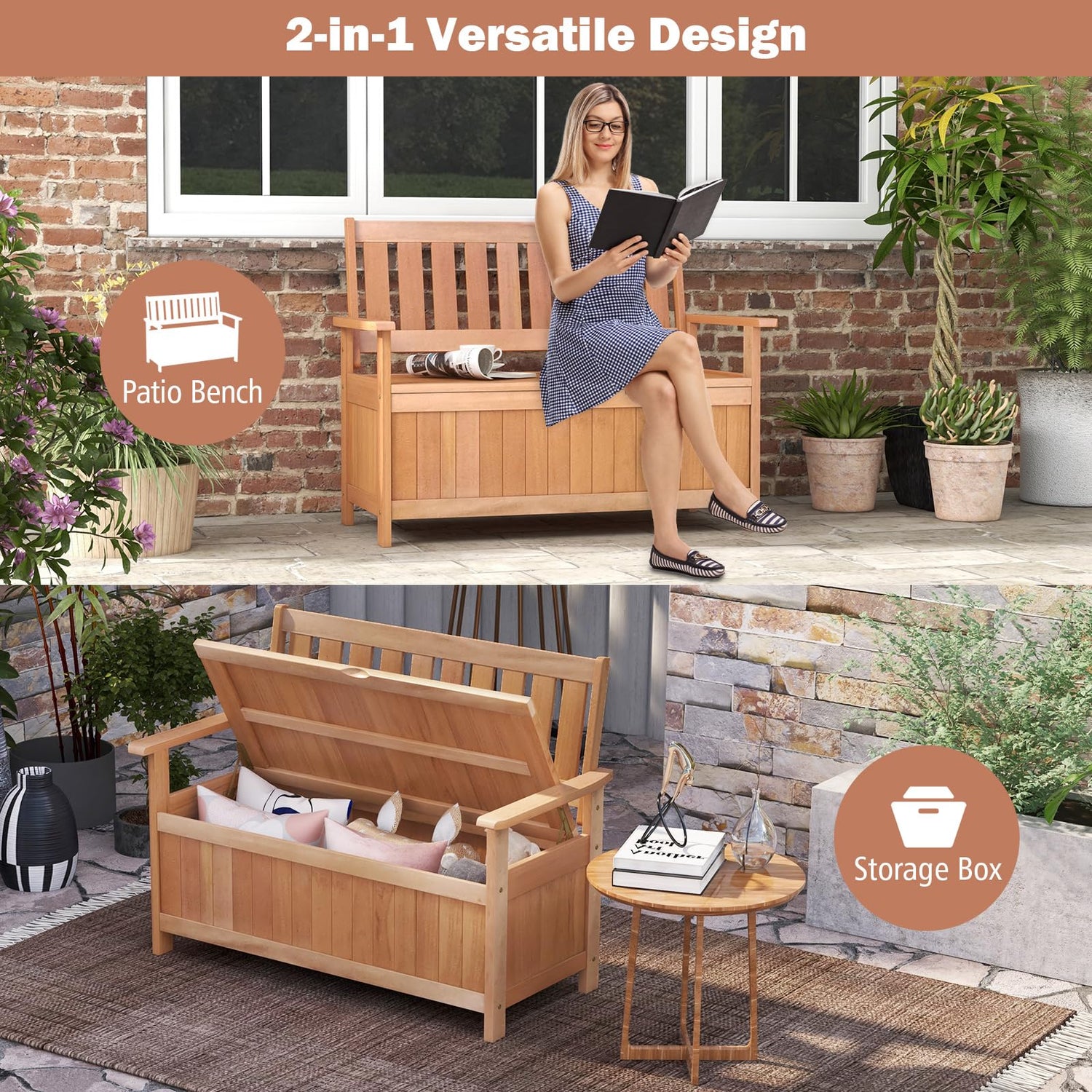 Tangkula 48 Inch Hardwood Patio Storage Loveseat with Versatile Flip Top Design Tangkula