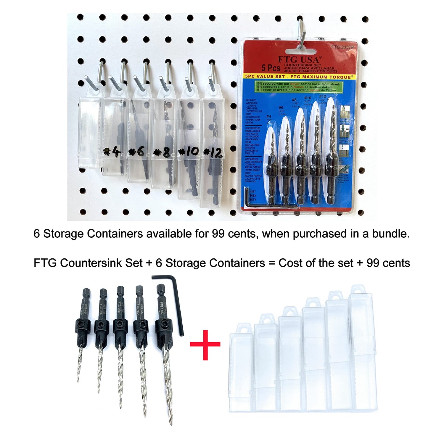 FTG USA Countersink Drill Bit Set 5 Pc #4#6#8#10#12 Tapered Drill Bit for Woodworking - WoodArtSupply