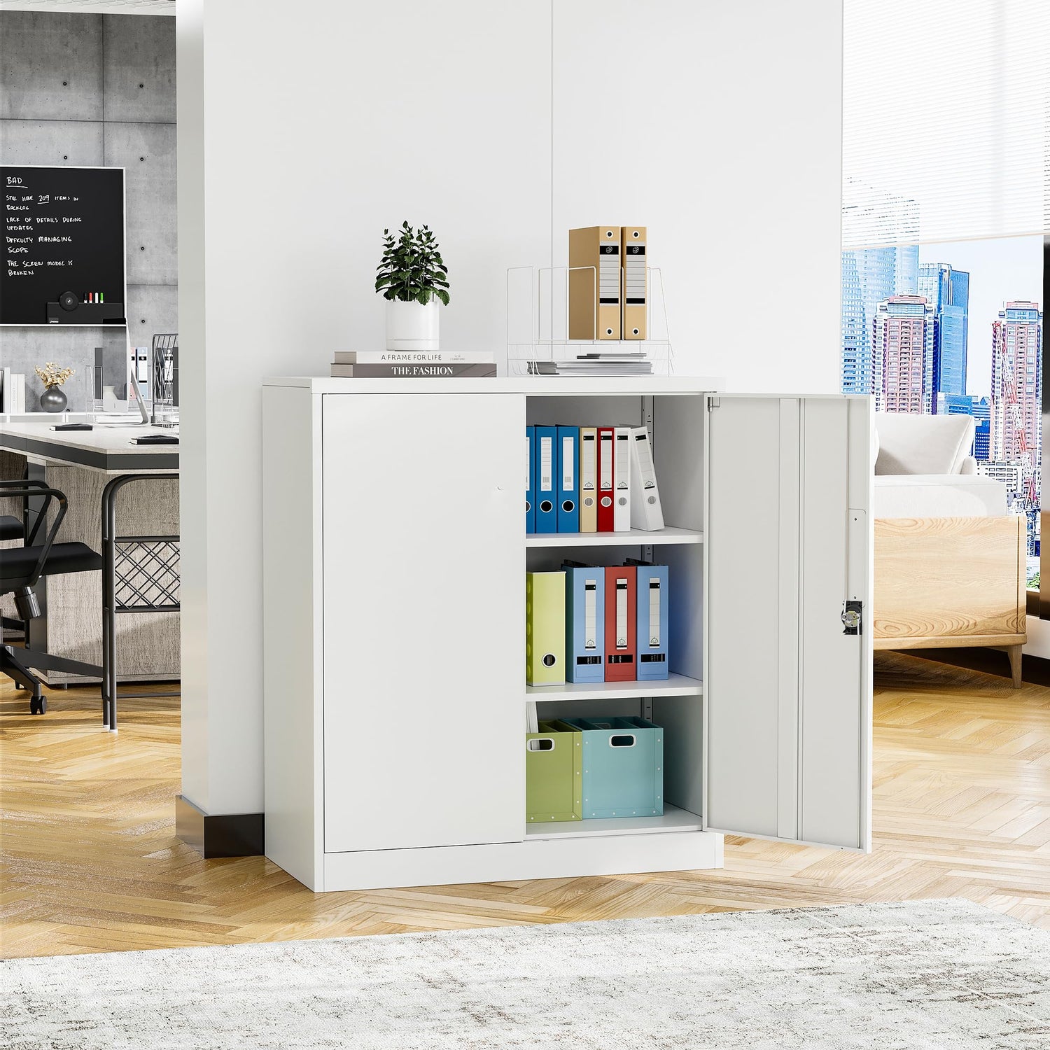 STANI Metal Storage Cabinet with 2 Adjustable Shelves, Steel Counter Cabinet with Lockable Doors for Home Office Warehouse Garage (White, 36" H-Style STANI