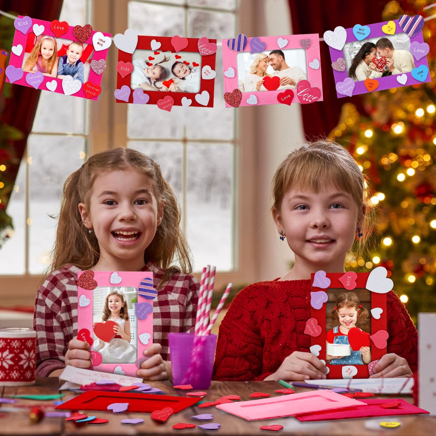 Ferraycle 232 Pieces Valentines DIY Picture Frames Craft Kit for Kids 32 Pieces Valentine Photo Frames with 200 Pieces Heart Shaped Foam Stickers for Ferraycle