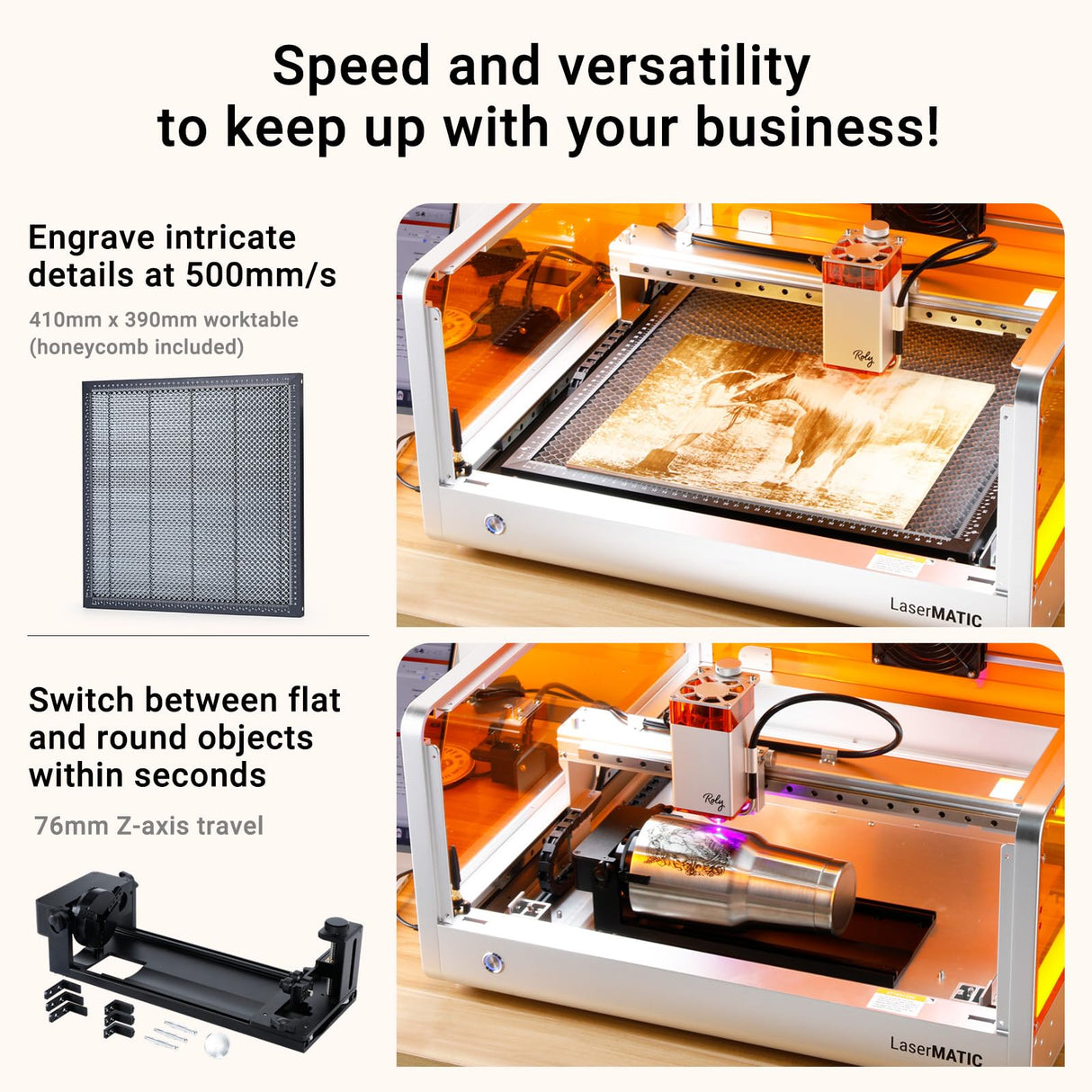 Roly LaserMATIC Mk2 30W Laser Engraver with Integrated Enclosure, Rotary, Air Assist, Honeycomb Panel and Camera Included, Laser Engraver for Wood, Roly