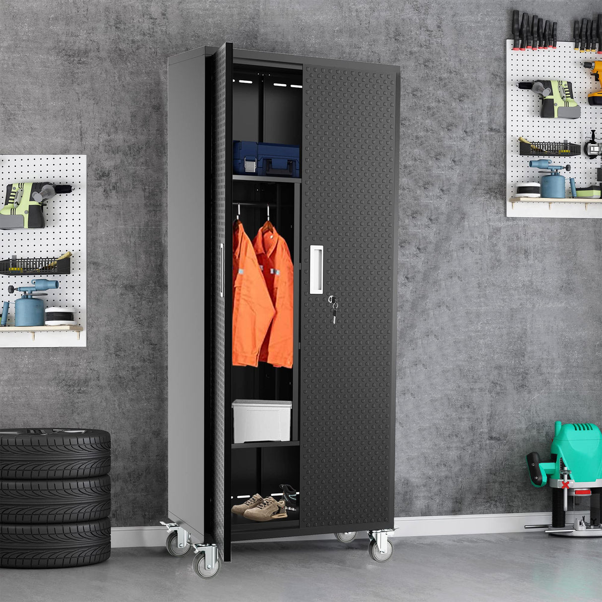 Metal Storage Cabinets Locker for Home Office, 72" Garage Storage Cabinet with Wheels, Lockable Doors and Shelves, Steel Wardrobe Cabinet with Petonline