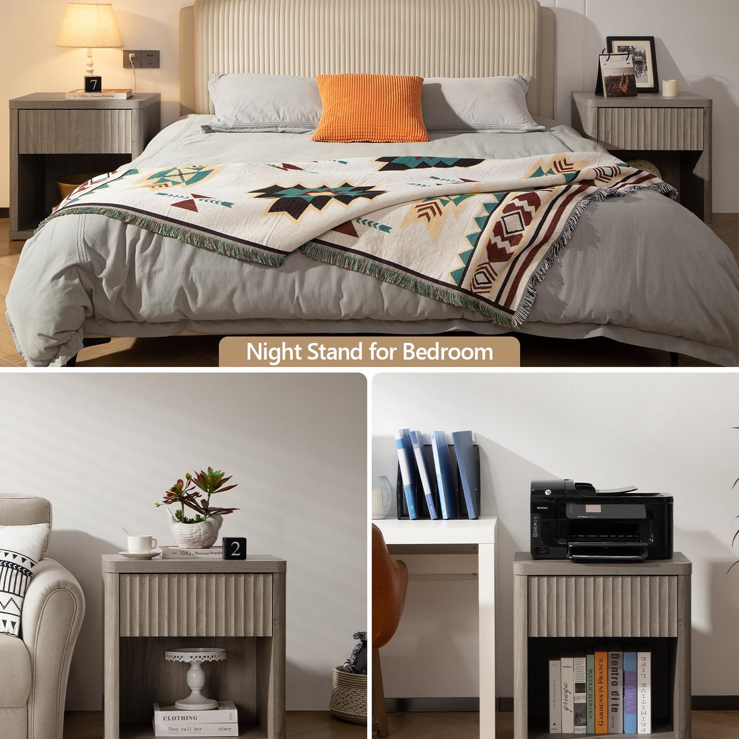 SICOTAS Night Stand Set of 2 Nightstands with Drawer Storage Bed Side Table End Table Large Modern Wood Wide Bedside Stand Mid Century Night Stands SICOTAS