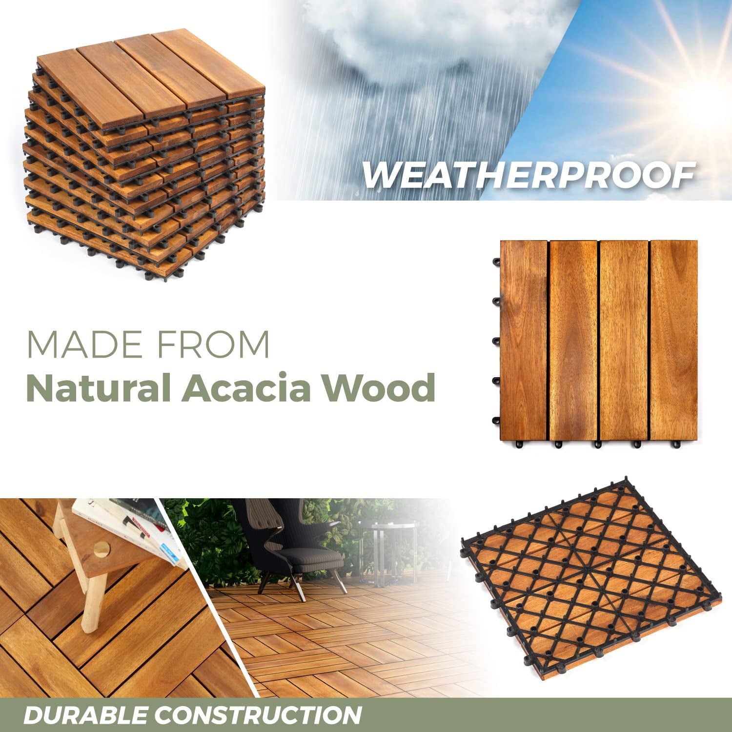 Interlocking Deck Tile (Pack of 10, 12"x12") Acacia Hardwood Deck Tile, Interlocking Patio Tile in Solid Acacia Wooden Oiled Finish Waterproof All LOAQUA
