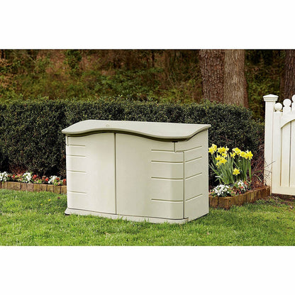 Rubbermaid Small Horizontal Resin Weather Resistant Outdoor Storage Shed, Olive and Sandstone, for Garden/Backyard/Home/Pool, 18 Ft³ Horizontal Shed