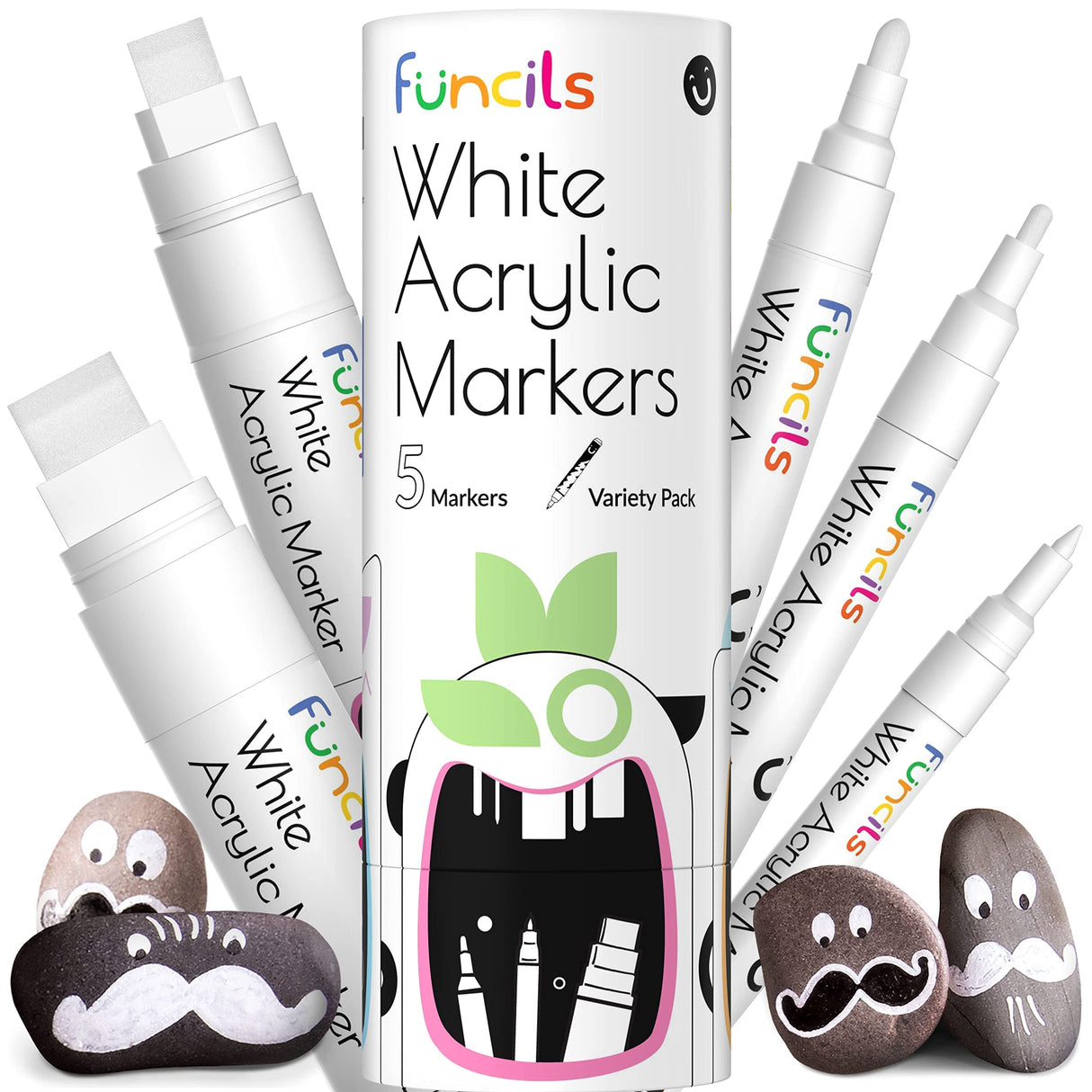 Funcils Acrylic Bundle - 5 White and Black Acrylic Paint Pens Funcils