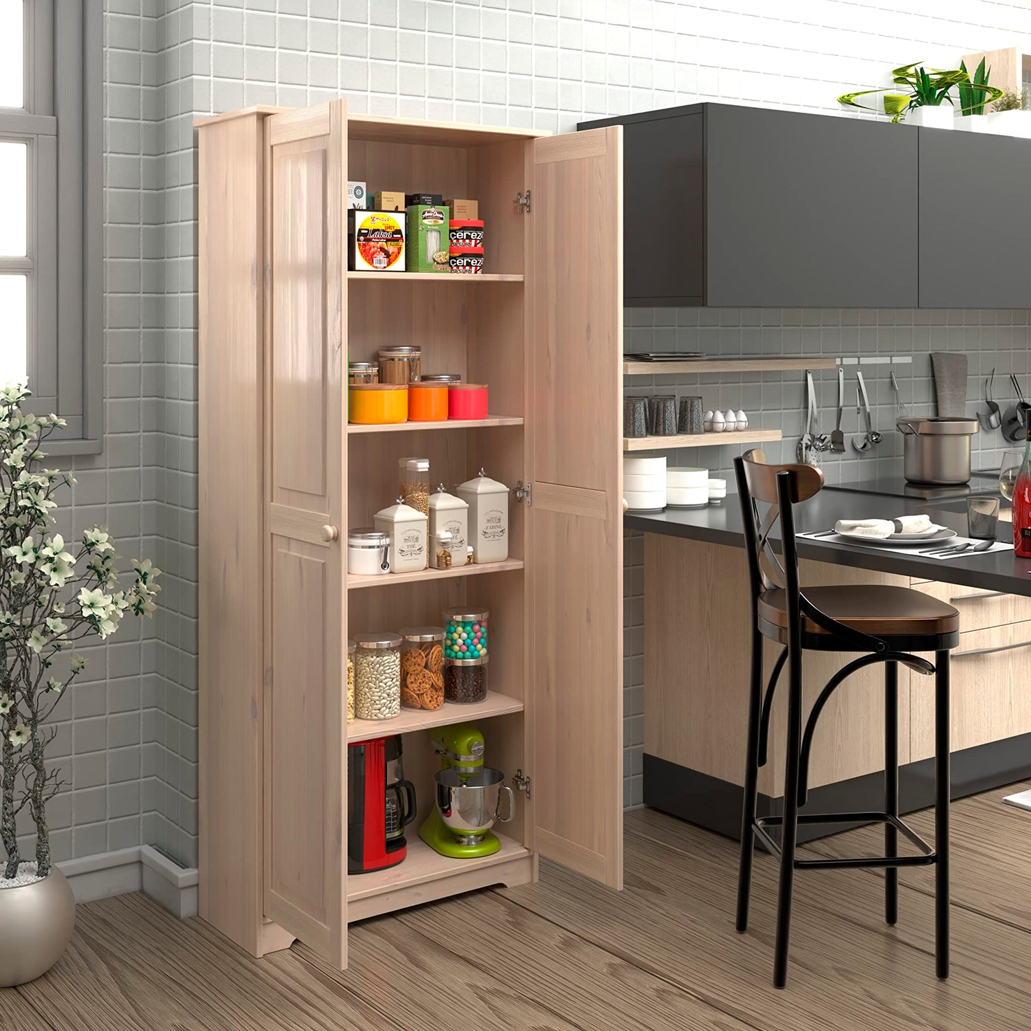 Solid Wood Unfinished Tall Pantry Cabinet with Adjustable Shelves and 2 Doors From the Tree Furniture