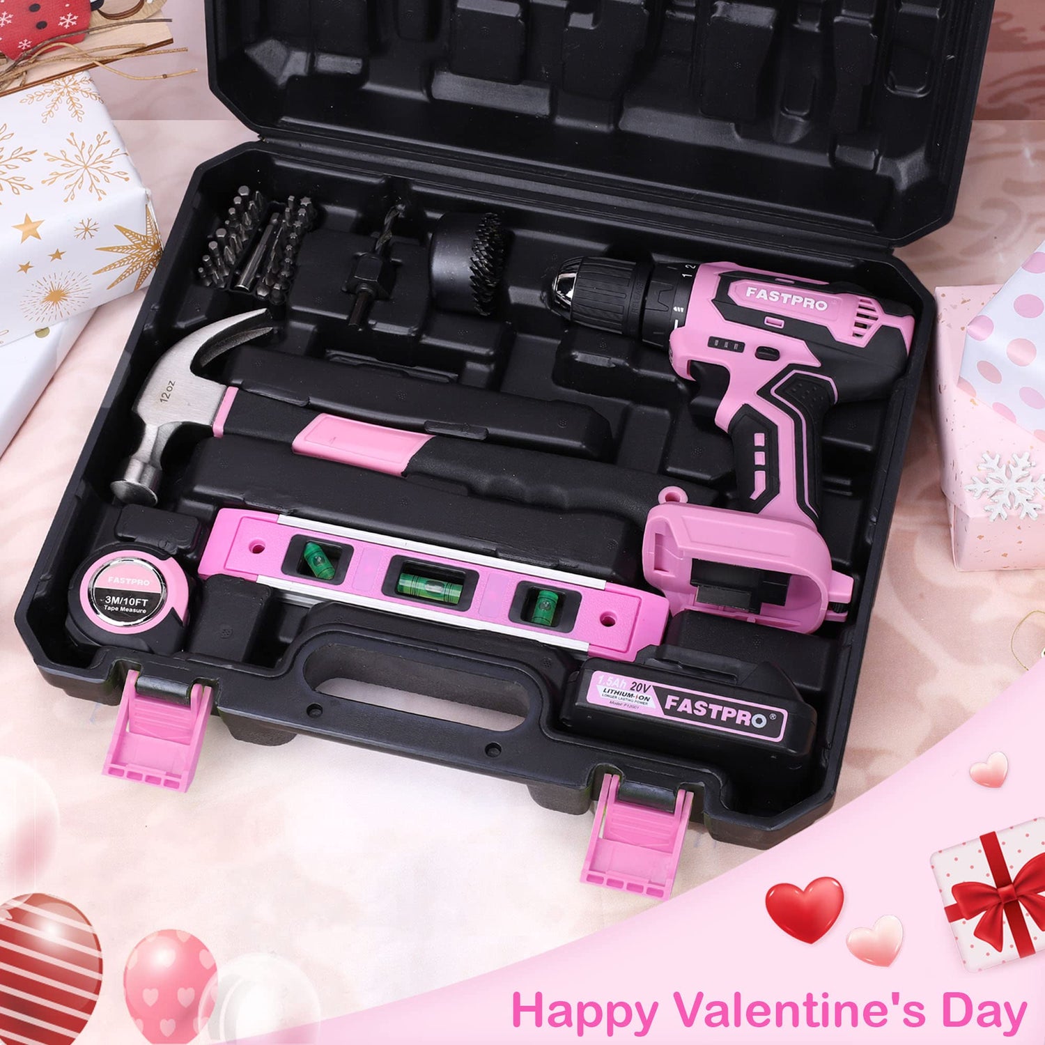FASTPRO 177-Piece 20V Pink Cordless Lithium-ion Drill Driver and Home Tool Set, Lady's Home Repairing Tool Kit with Drill in Tool Storage Case FASTPRO