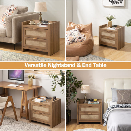SICOTAS Night Stand Set of 2 - Rattan Nightstands with Type-C Charging Station & 2 Rattan Drawers - Boho Bed Side End Table for Small Space - Natural SICOTAS