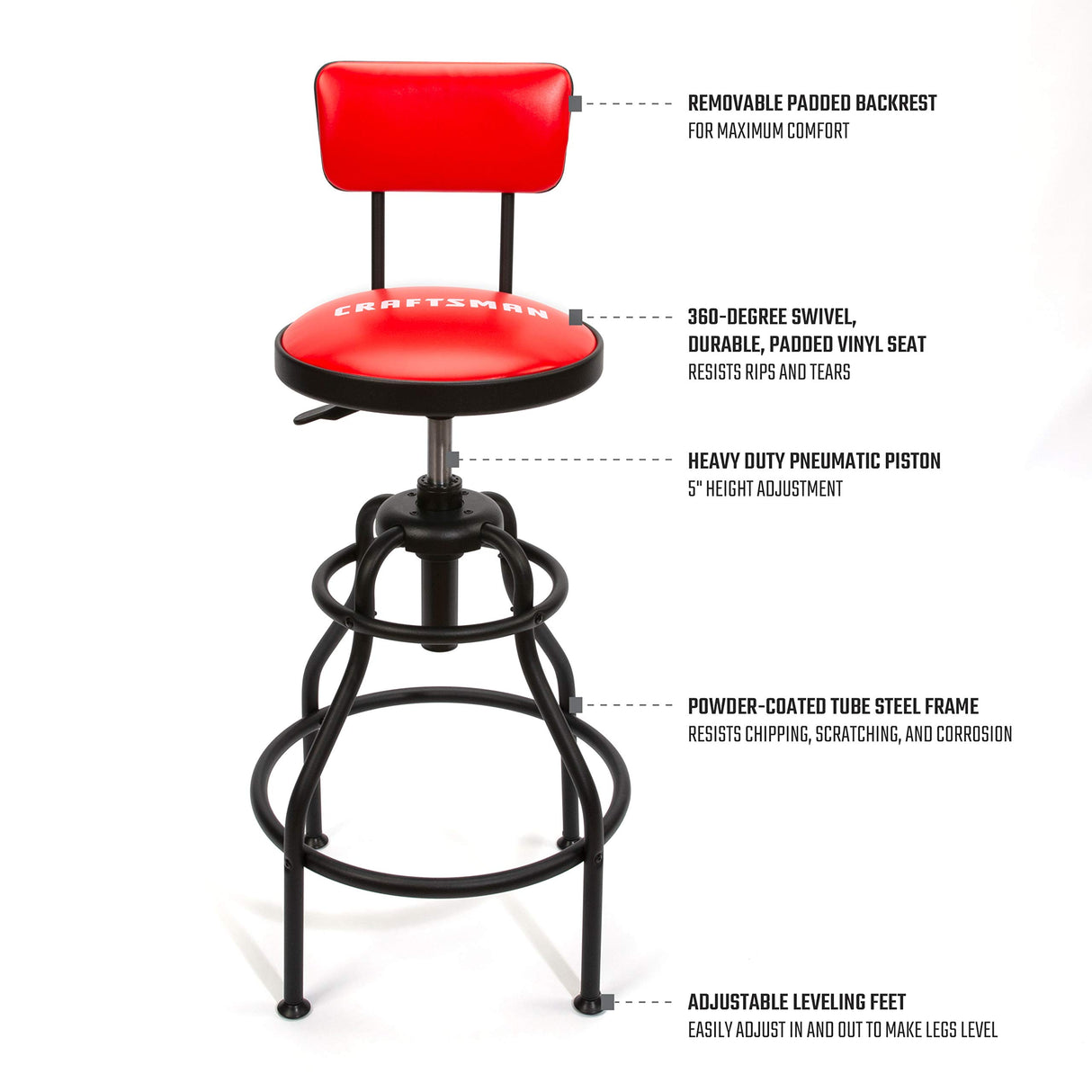 Craftsman Adjustable Height Work Shop Stool, 29 to 34-inches Tall, Rip-Resistant Padded Vinyl Seat, 300-lb Capacity, 360-degree Footrest, Non-Marring Craftsman