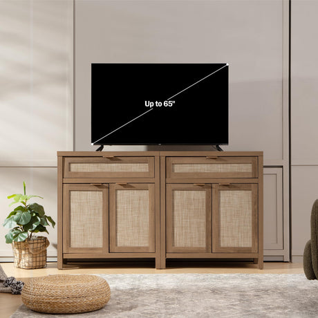SICOTAS Sideboard Buffet Cabinet Set of 2, Rattan Credenza Storage Cabinet, Boho Buffet Table Console Cabinet with Drawer, Farmhouse Coffee Bar SICOTAS