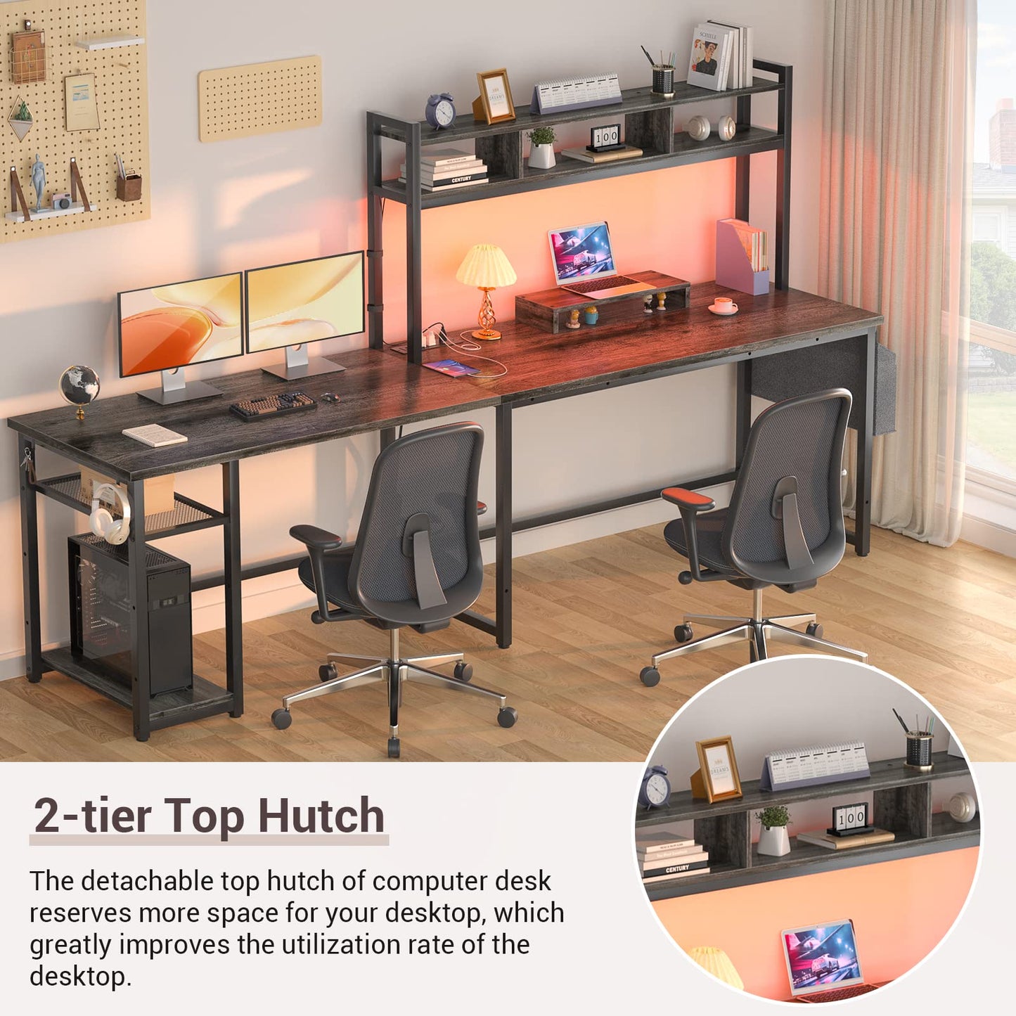 Aheaplus L Shaped Desk with Power Outlet & LED Strip, Reversible L-Shaped Corner Computer Desks Gaming Desk with Storage Shelf & Monitor Stand,