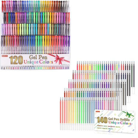 Shuttle Art Gel Pens Bundle, 120 Unique Colors (No Duplicates) Gel Pens Set + 140 Gel Pen Refills, 7 Color Types for Kids Adults Coloring Books Shuttle Art
