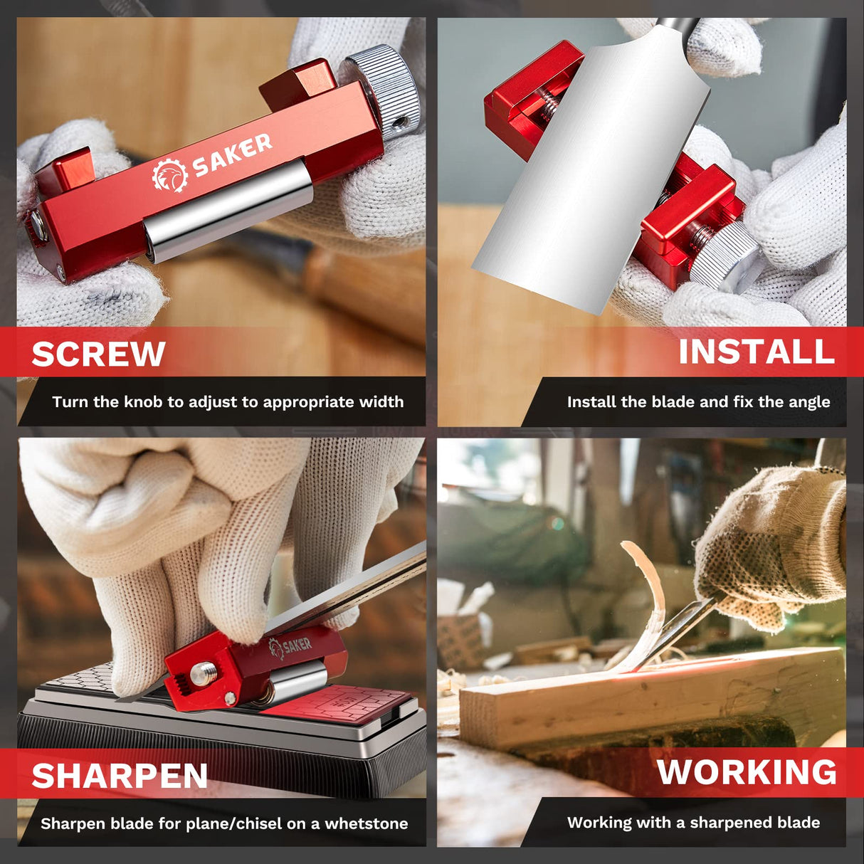 Saker Honing Guide with Whetstone - Red Off-Center Upgraded Honing Tool and Diamond Sharpening Stone Set Kit for Knife, Short Chisels and Planes, Saker