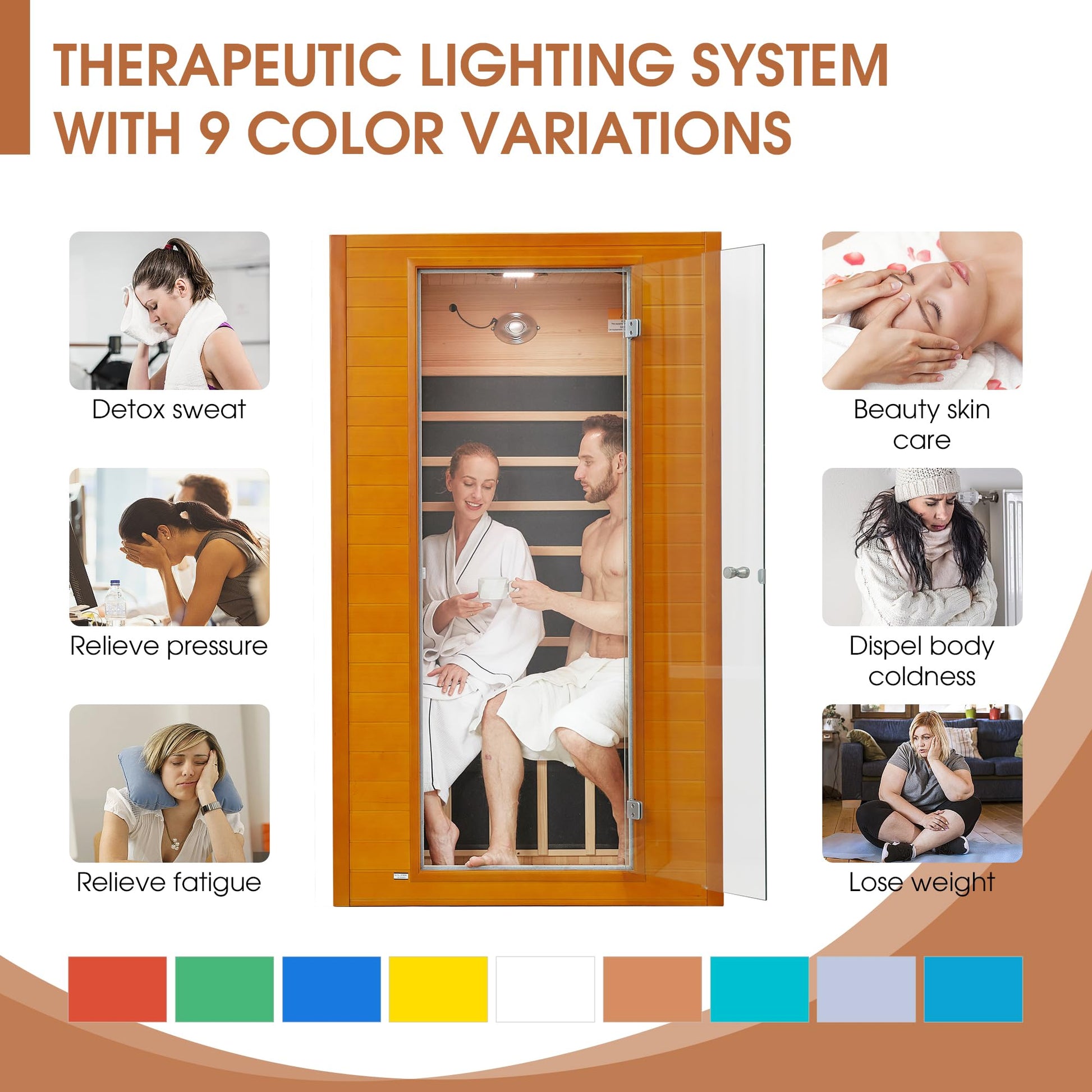 springspa Far Infrared Sauna Room, Near Zero EMF Canadian Hemlock Wood Sauna with 1600W, 9 Chromo Therapy Lights, Oxygen Ionizer, Bluetooth, LCD - WoodArtSupply