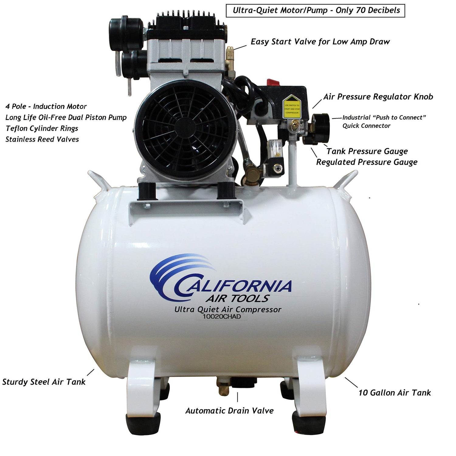 California Air Tools 10020CHAD Ultra Quiet & Oil-Free 2.0 Hp, 10.0 Gal. Steel Tank Air Compressor with Auto Drain Valve California Air Tools