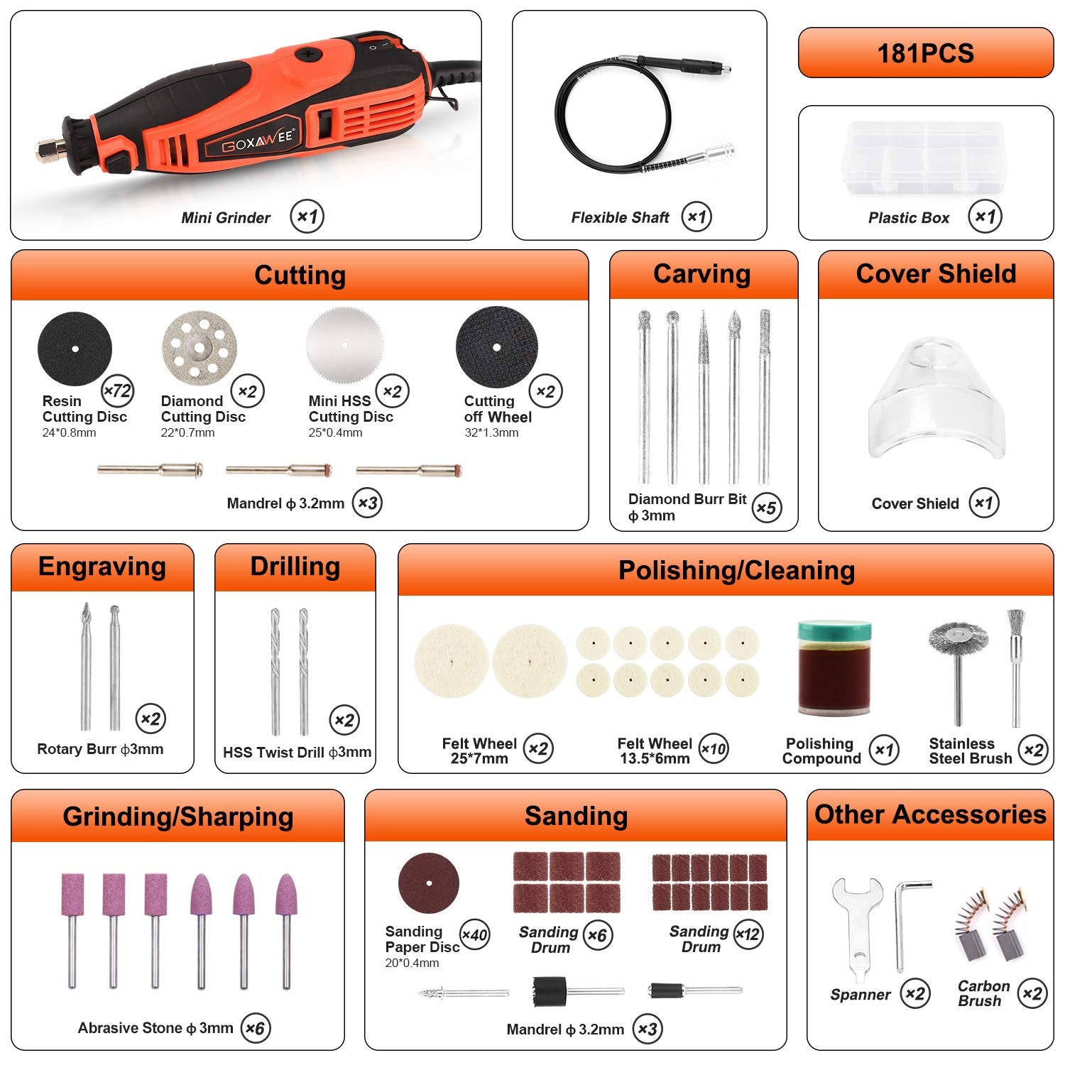 GOXAWEE Rotary Tool Kit with 180 Rotary Tool Accessories & Flex Shaft & Universal Collet, 5 Variable Speed Rotary Multi-Tool, Mini Electric Drill Set - WoodArtSupply