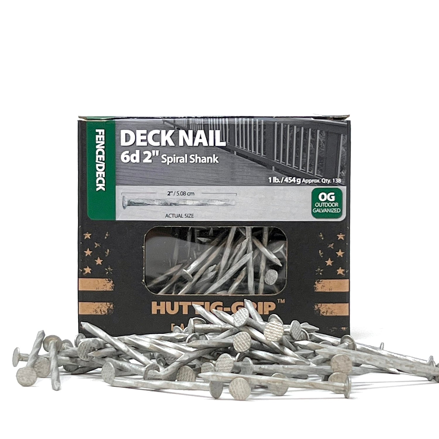 Huttig-Grip Fence Deck Nails 2 inches 6d for Wood Fencing HGN6OGSTDK1 Spiral Shank Outdoor Galvanized Finish, 1 lb Pack of 138 Nails OHIY