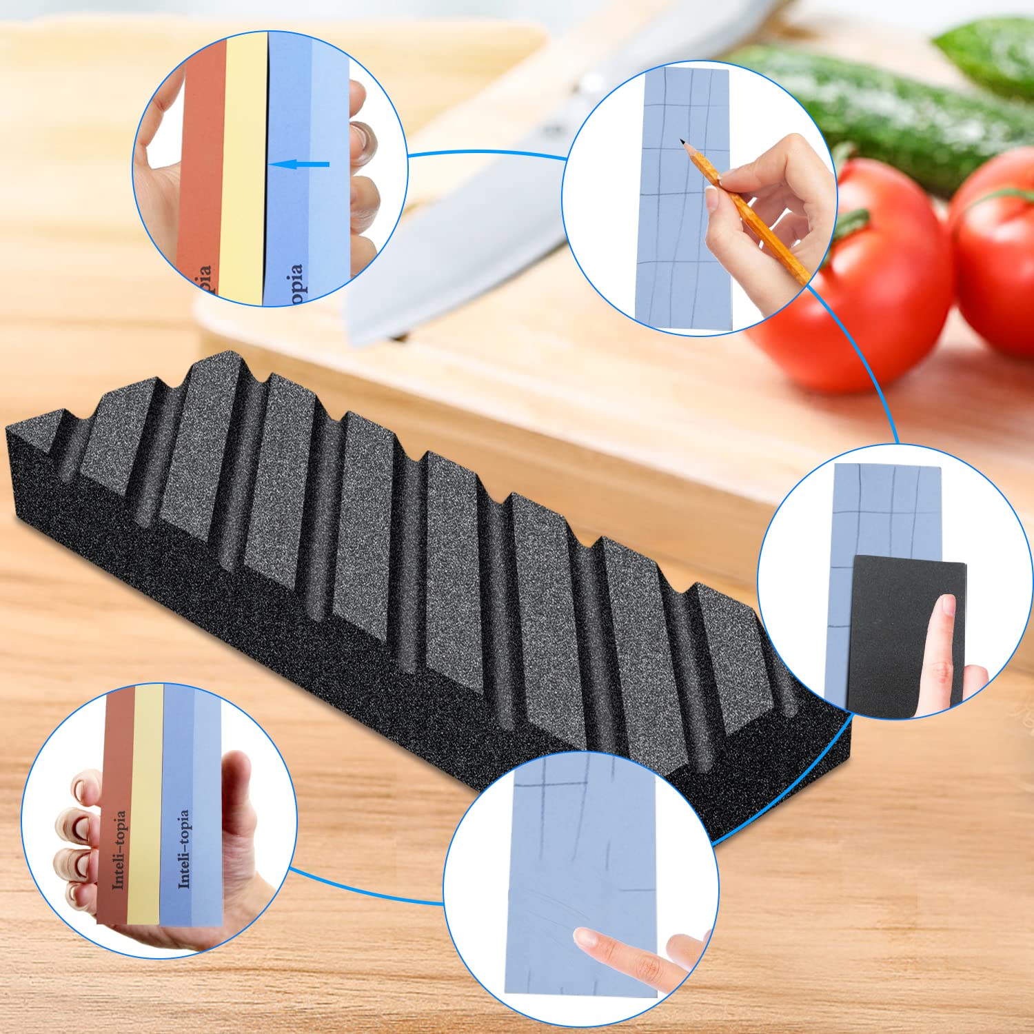 Intelitopia Complete Knife Sharpening Stone Set – Dual Grit Whetstone 400/1000 3000/8000 Knife Sharpener with Leather Strop, Flattening Stone, Bamboo Intelitopia