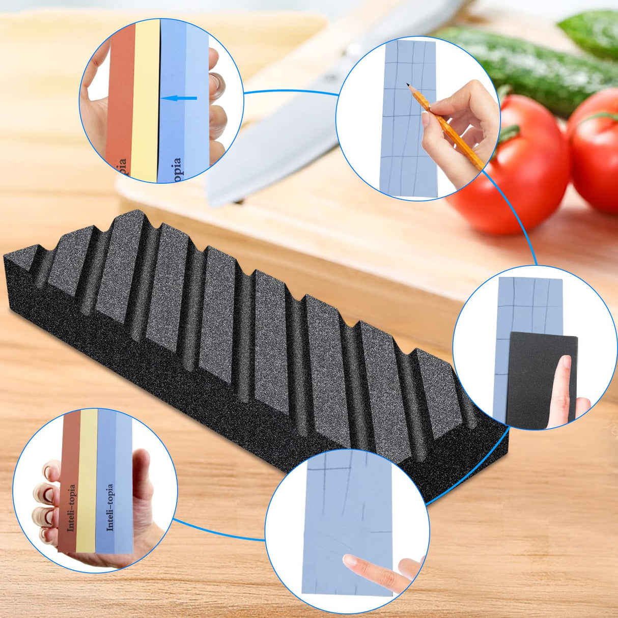 Intelitopia Complete Knife Sharpening Stone Set – Dual Grit Whetstone 400/1000 3000/8000 Knife Sharpener with Leather Strop, Flattening Stone, Bamboo Intelitopia