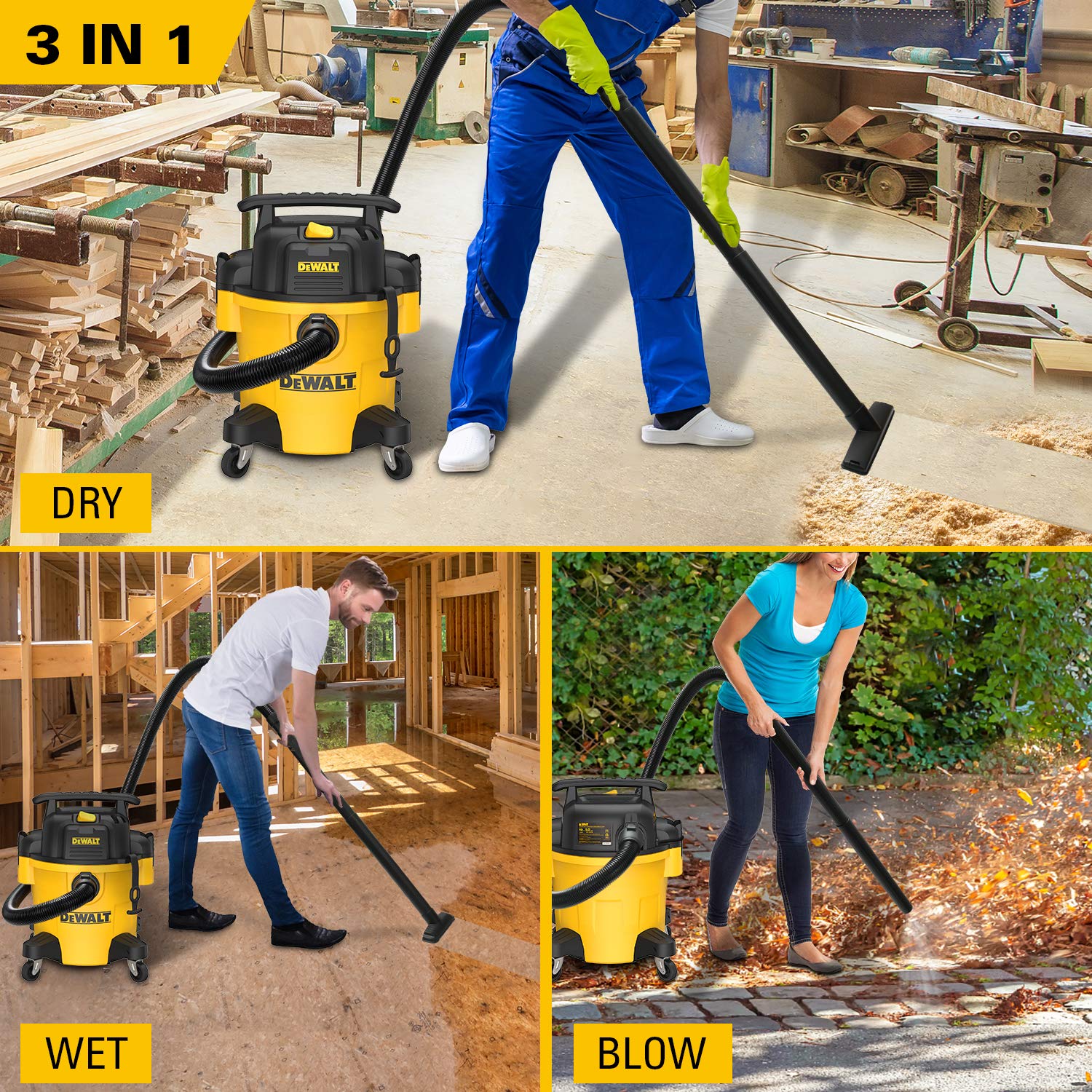 DEWALT DXV05P 5Gallon Poly Wet/Dry, 4 Peak HP Shop Vacuums, 5 Gallon, Yellow+Black DEWALT