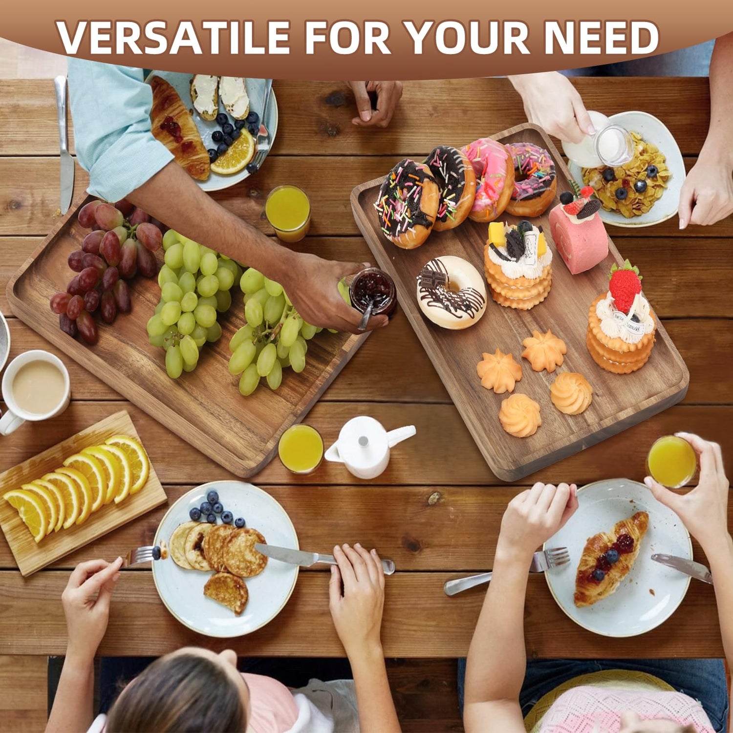 2 PCS Solid Acacia Wood Serving Trays Rectangular Wooden Serving Platters Natural Wooden Boards for Bar Coffee Party 13 * 9 inch （Wood Log Color） Charmlife