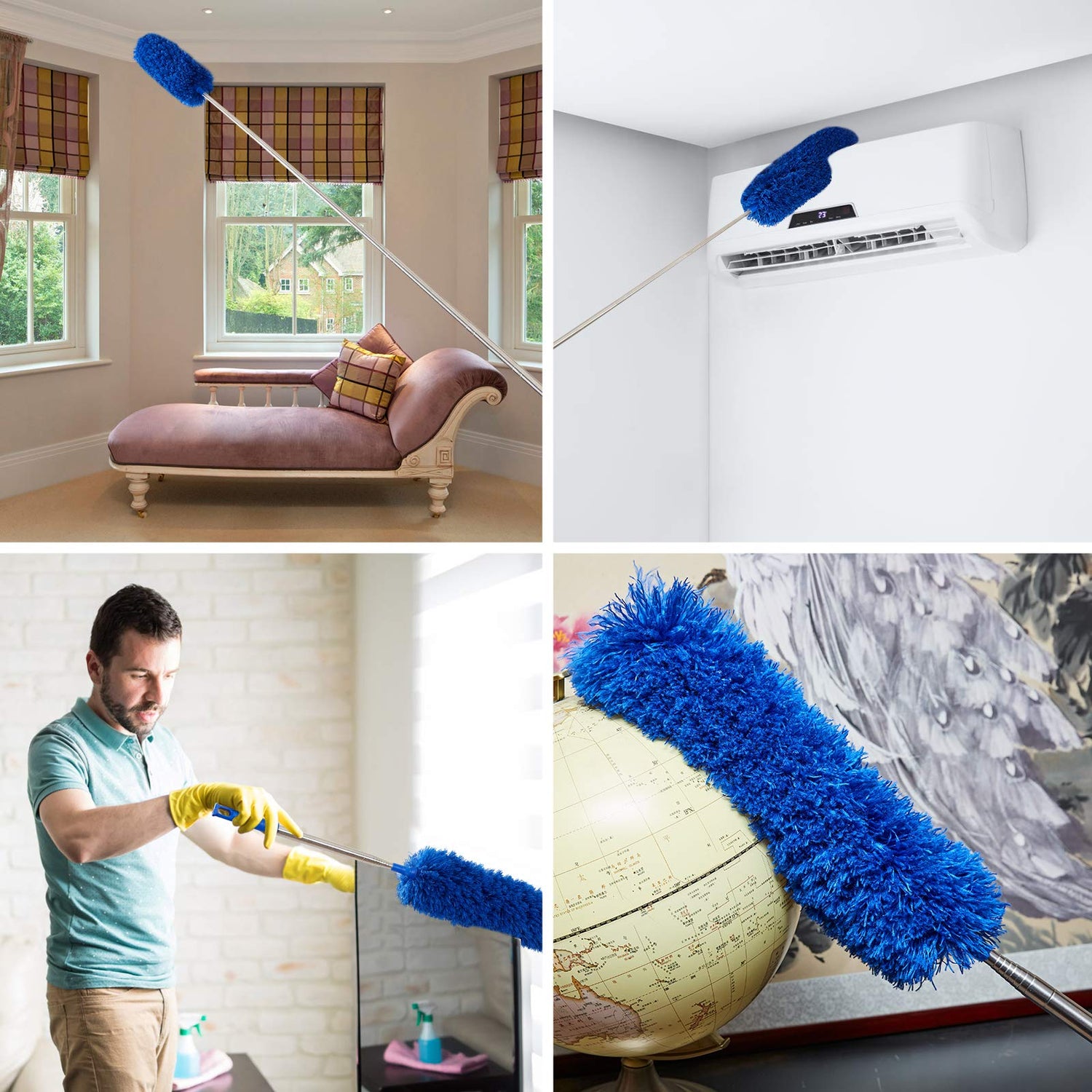 Ceiling Fan Duster with Extension Pole, Cobweb & Corner Brush Cleaning Kit w 2 Duster Heads for Cleaning,15-100 Inch Long Handle Aluminum Telescoping ZZ LAZYCOTTAGE